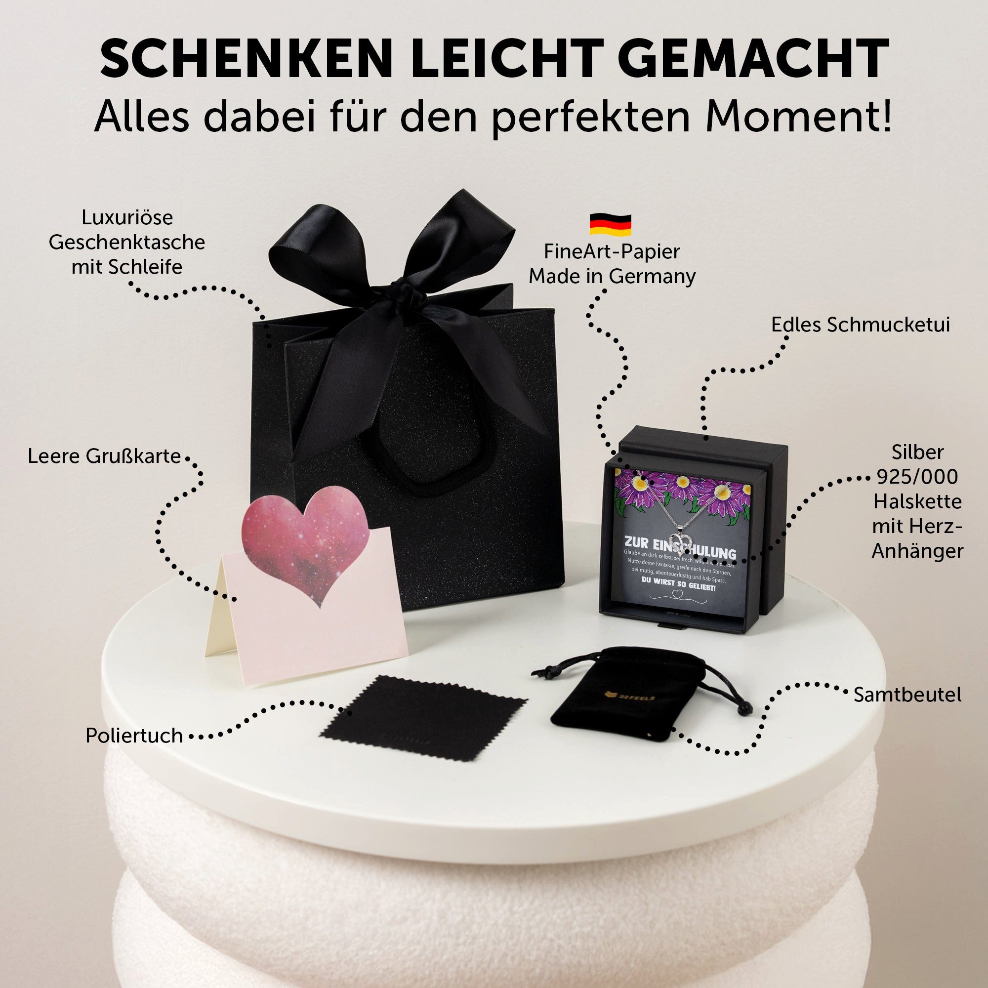 22Feels Schmuckset Einschulung Geschenk Mädchen Schmuck 1.Klasse Schulanfang Halskette Ka (inkl. Geschenktasche, Karte(n), Poliertuch, Beutel), Echt-Silber 925/000, Karte Made In Germany