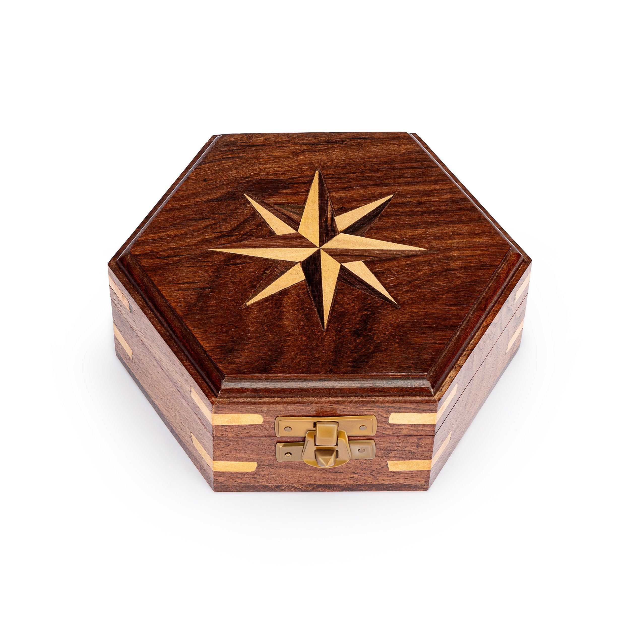 NKlaus Aufbewahrungsbox Maritim Holzbox sechseckig mit Windrose Inlay aus Holz und Messing ver (Lieferumfang: 1 Stück)