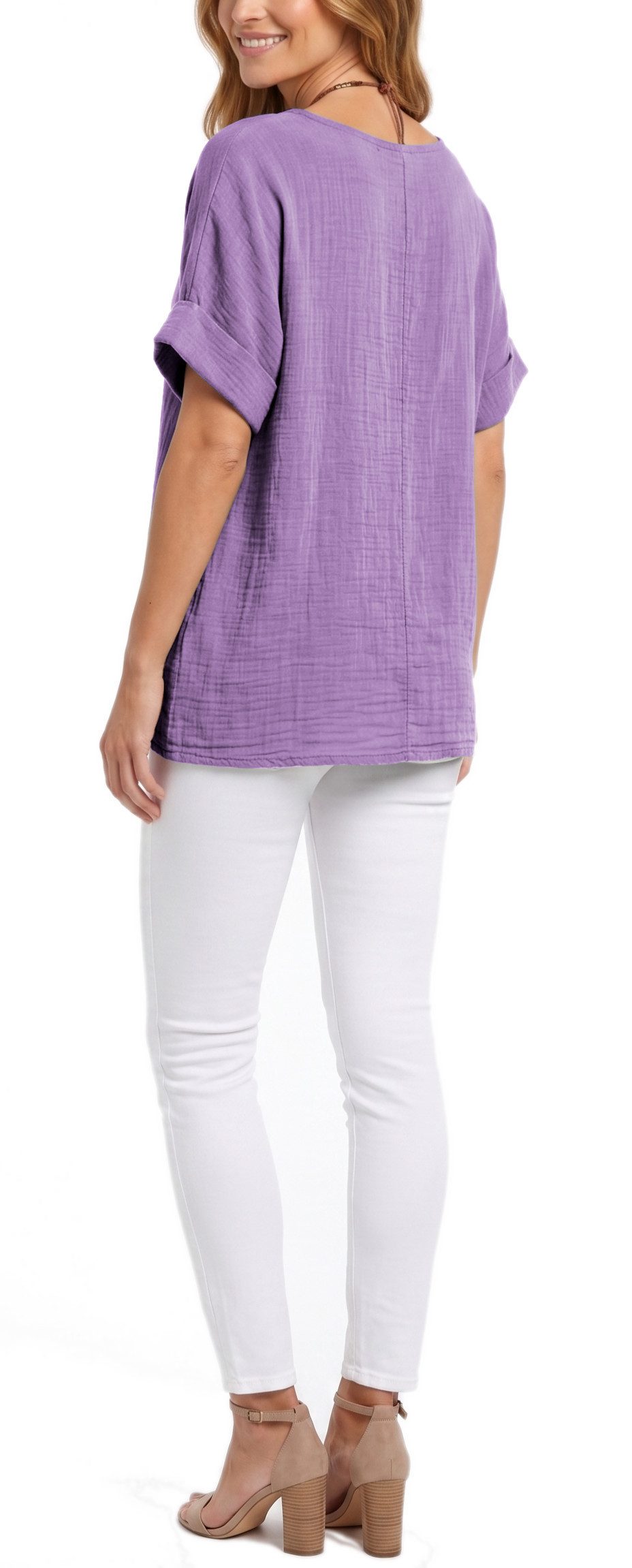 dy_mode Kurzarmbluse Damen Kurzarm Bluse Leichte Sommer Tunika Baumwollbluse Oberteil in Unifarbe, mit passende Kette