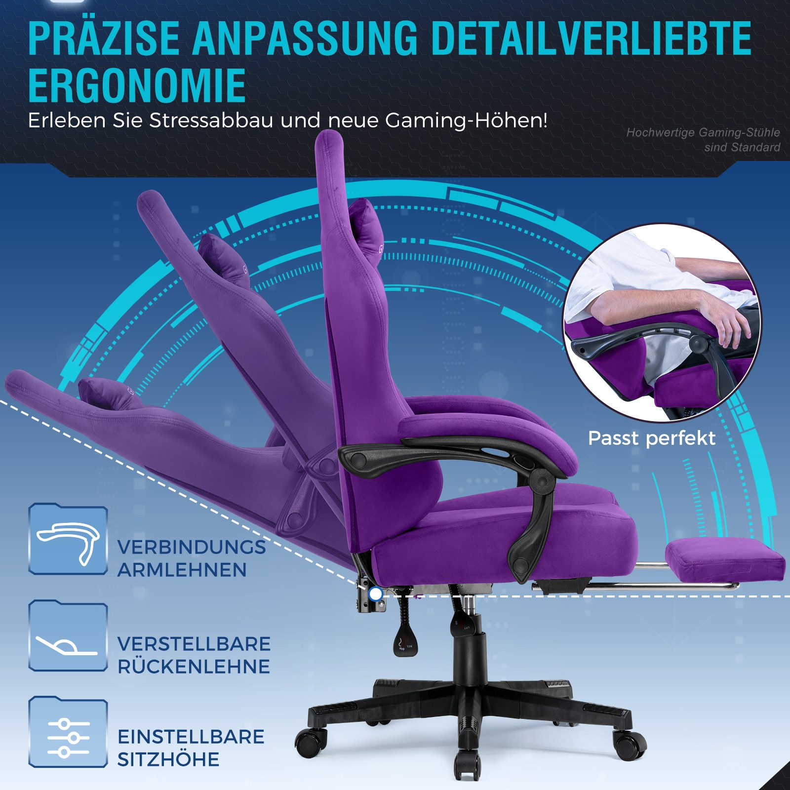 GTPLAYER Gaming-Stuhl Stoff/Kunstleder mit Taschenfederkissen großer Gamer Stuhl, 150KG (Gaming Chair mit hoher Rückenlehne und Fußstütze), Bürostuhl Gaming Sessel Gepolstert für Jugendliche und Erwachsene