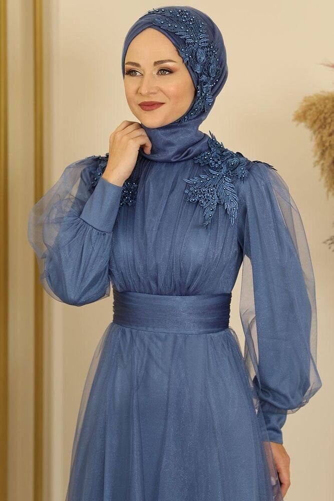 Modavitrini Abaya Blumen Guipure-Details Blau Kleid Tüllkleid Abiye Hijab Abendkleid Indigo mit
