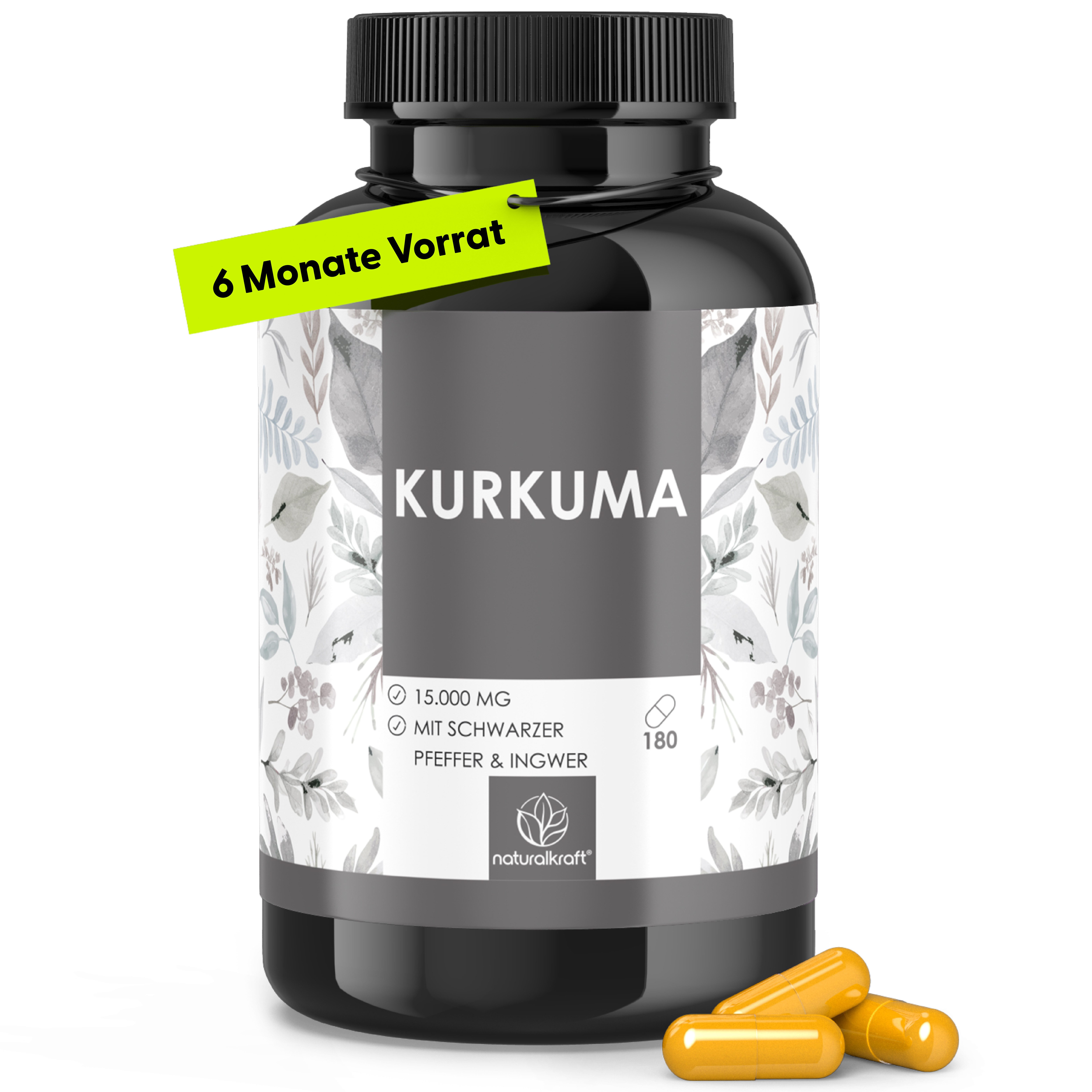 Naturalkraft Kurkuma 15000 mg – 180 vegane Kapseln mit Pfeffer & Ingwer Kapseln, 108 g