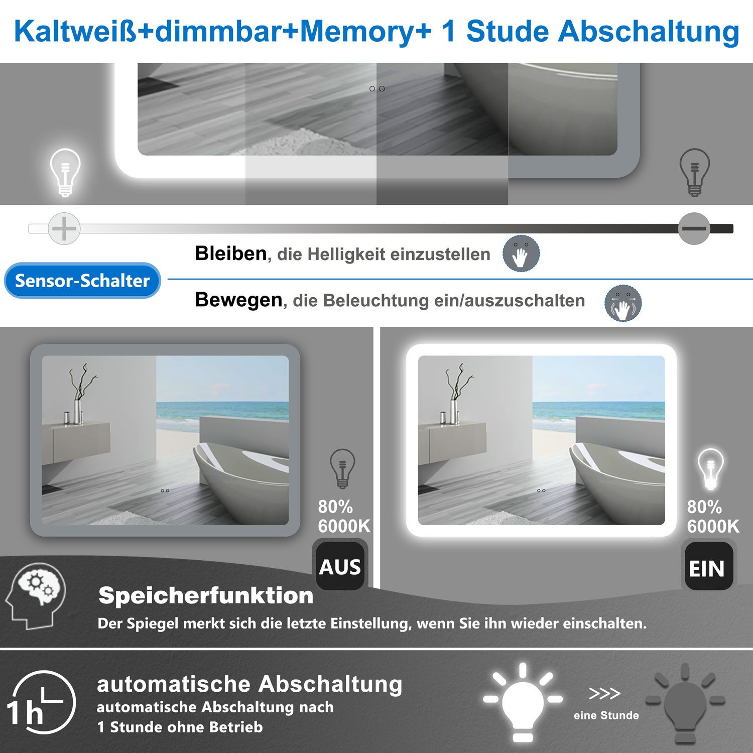 duschspa Badspiegel LED Spiegel mit Beleuchtung dimmbar beschlagfrei Wandspiegel, Breite 70-160cm, Sensor-Schalter