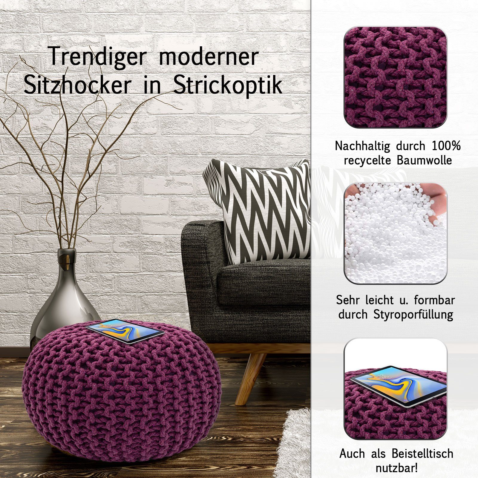 Casamia Pouf Pouf Ø o. cm Strickhocker nachhaltig Sitzpouf violett 45 55 Bodenkissen