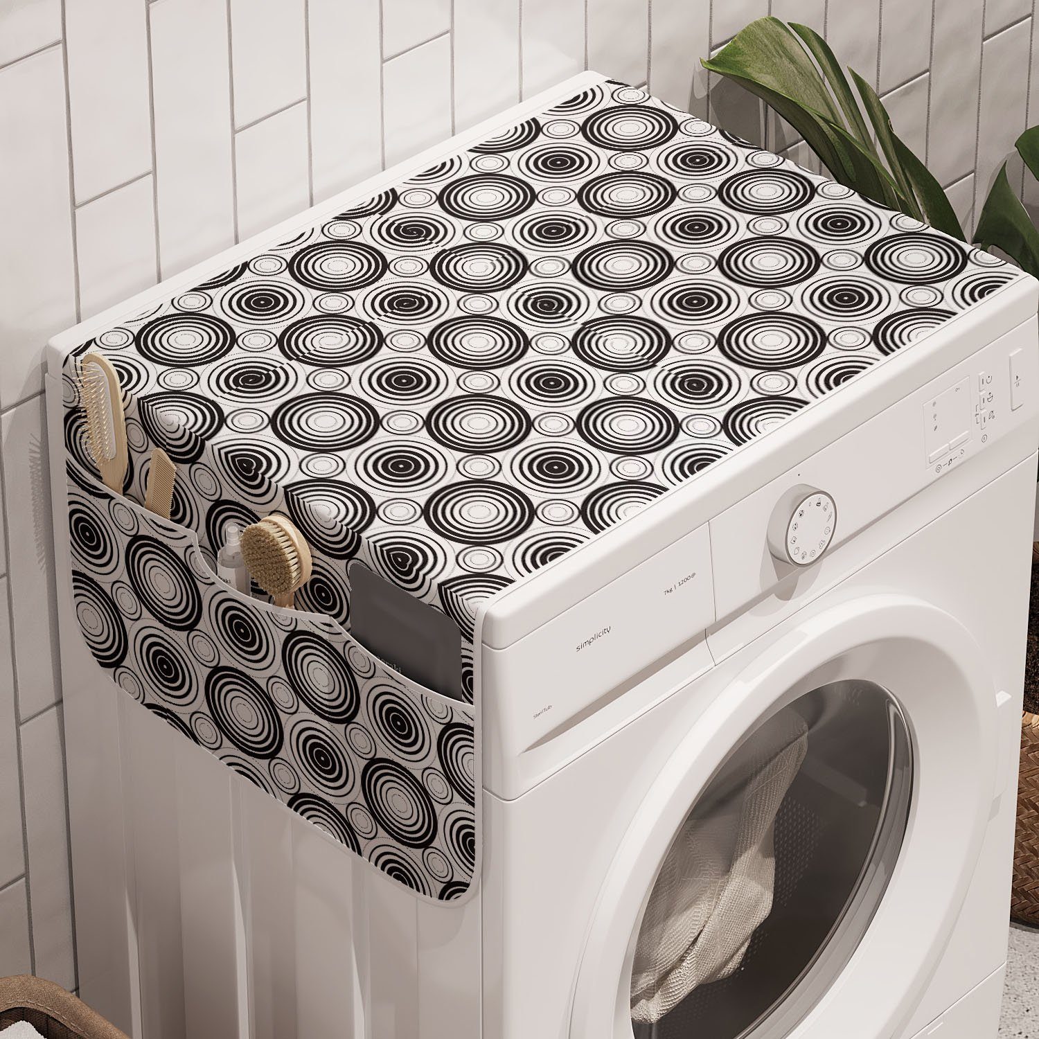 Abakuhaus Badorganizer Anti-Rutsch-Stoffabdeckung für Waschmaschine und Trockner, Schwarz und weiß Kreise Mosaik