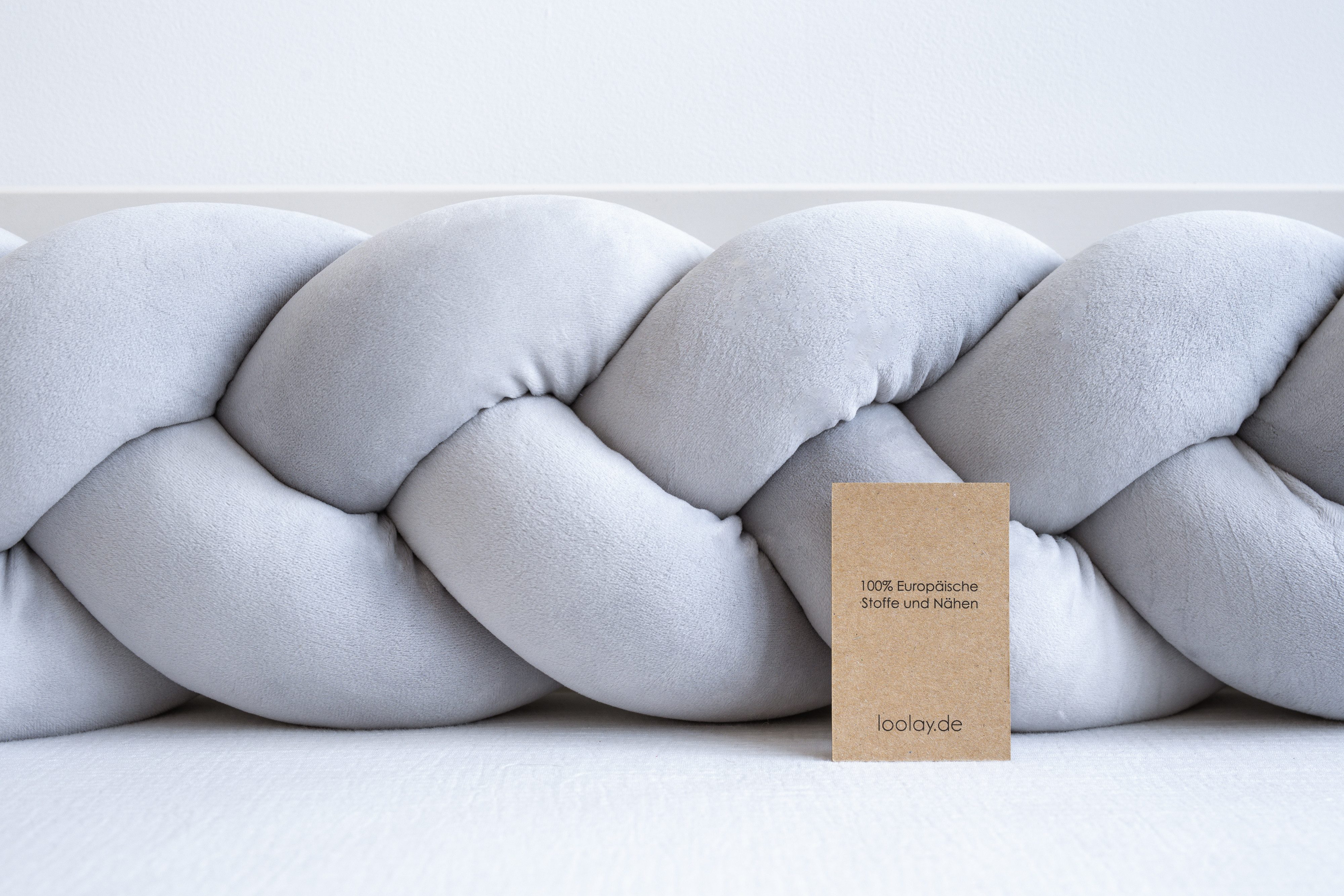 Loolay Nestchenschlange SAMT GRAU Geflochtenes Kissen Zierkissen Dekokissen Bettumrandung, (Zugluftstopper Zugluft Schlange Wickeltischumrandung Babybett Kinderzimmer Schutz, VELOURS SAMT Bettschlange 100 150 200 300 400 cm und Länge auf Anfrage), Zugluftstopper tolle Wohndekoration Geschenk