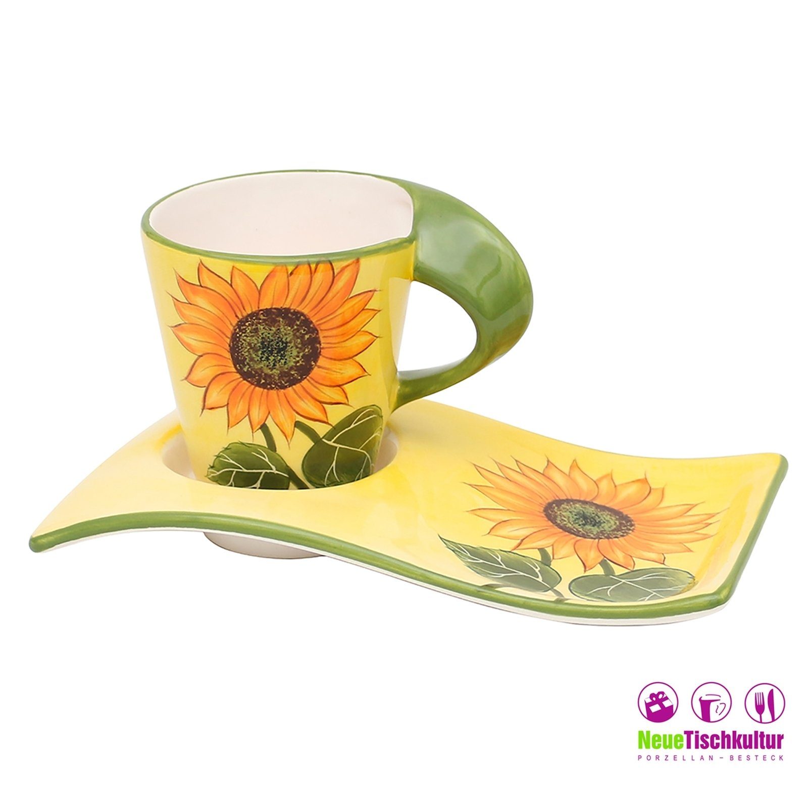 Neuetischkultur Tasse Keramik Unterteller, Kaffeetasse modern mit Sonnenblume