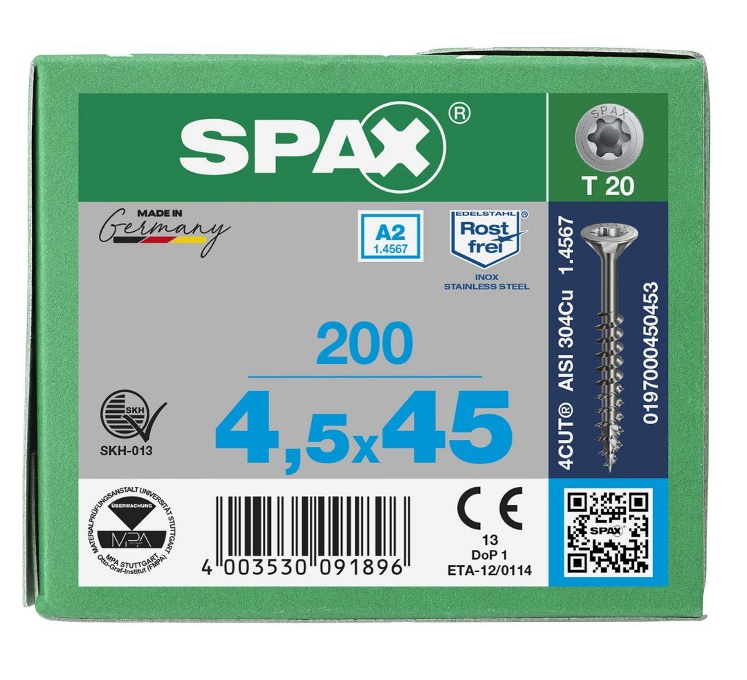 4,5x45 200 Spanplattenschraube SPAX Edelstahlschraube, A2, St), mm (Edelstahl