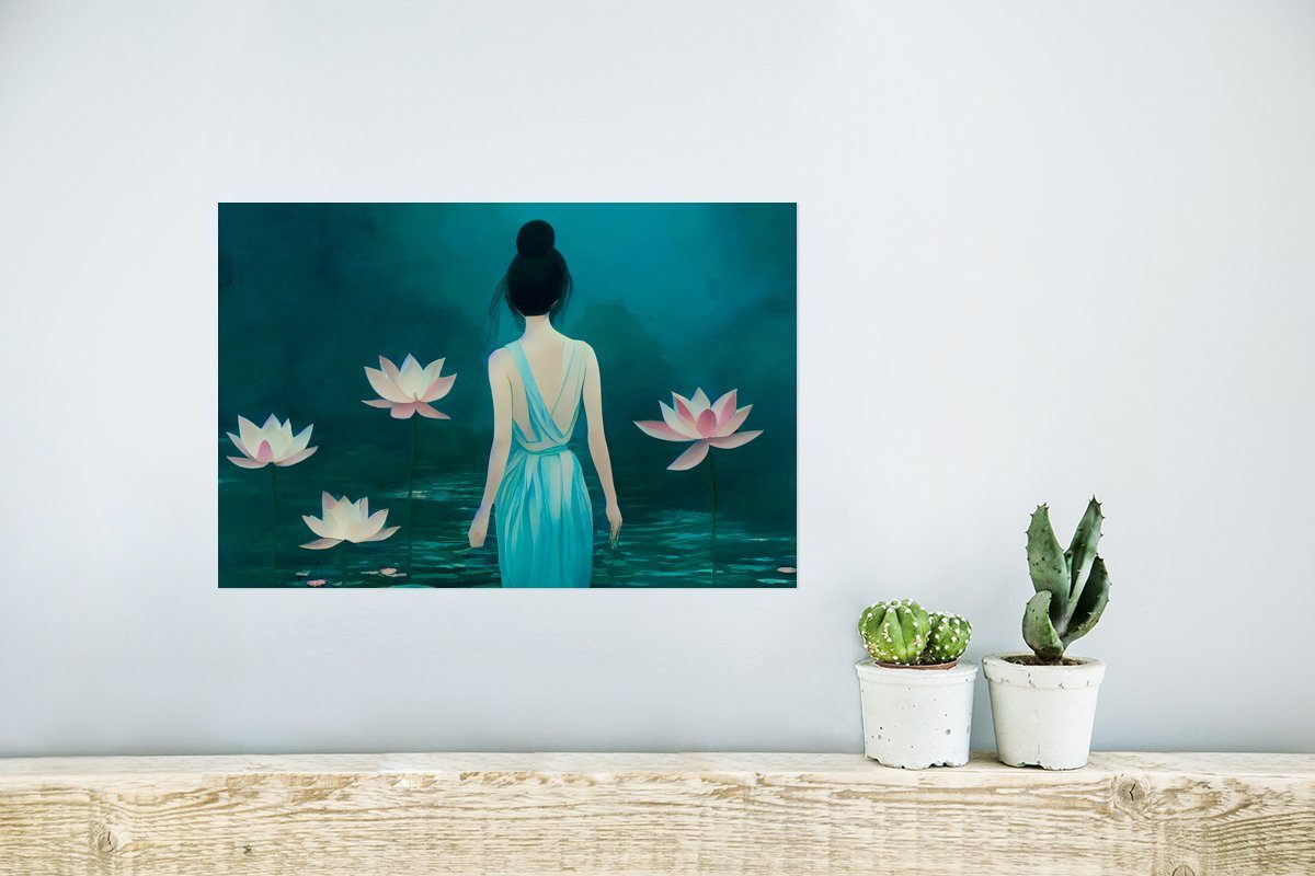 Blumen Wandbild, MuchoWow St), Poster, - - Frau - Poster (1 Wasser Rahmen für Wandposter Ohne Wohnzimmer, Porträt Lilie, -