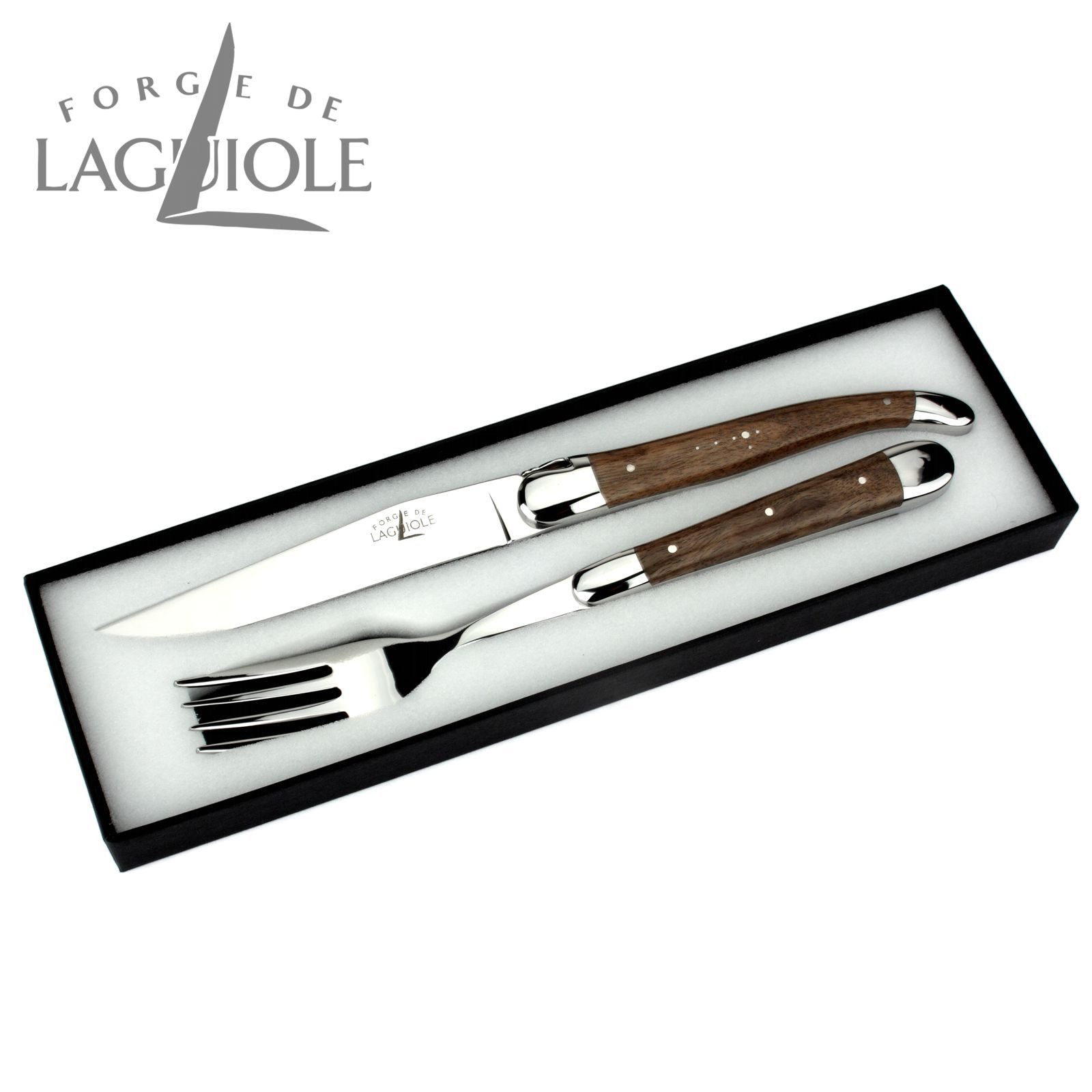 Forge de Laguiole Steakbesteck TF 2M IN NO BRI, 1 Messer / 1 Gabel - Griff Nussbaum - Backen glänzend - Stahl glänzend