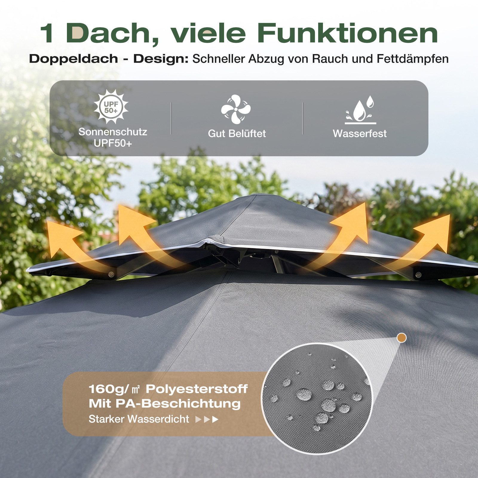 Sekey Grillpavillon 245 x 150 cm BBQ Pavillion Grillzelt Gartenzelt Winterfest Wasserdicht, 250 x 150 cm, Doppelschichtdach, Ablage mit Haken, UV-Schutz 50+ – Bild 3 von 5