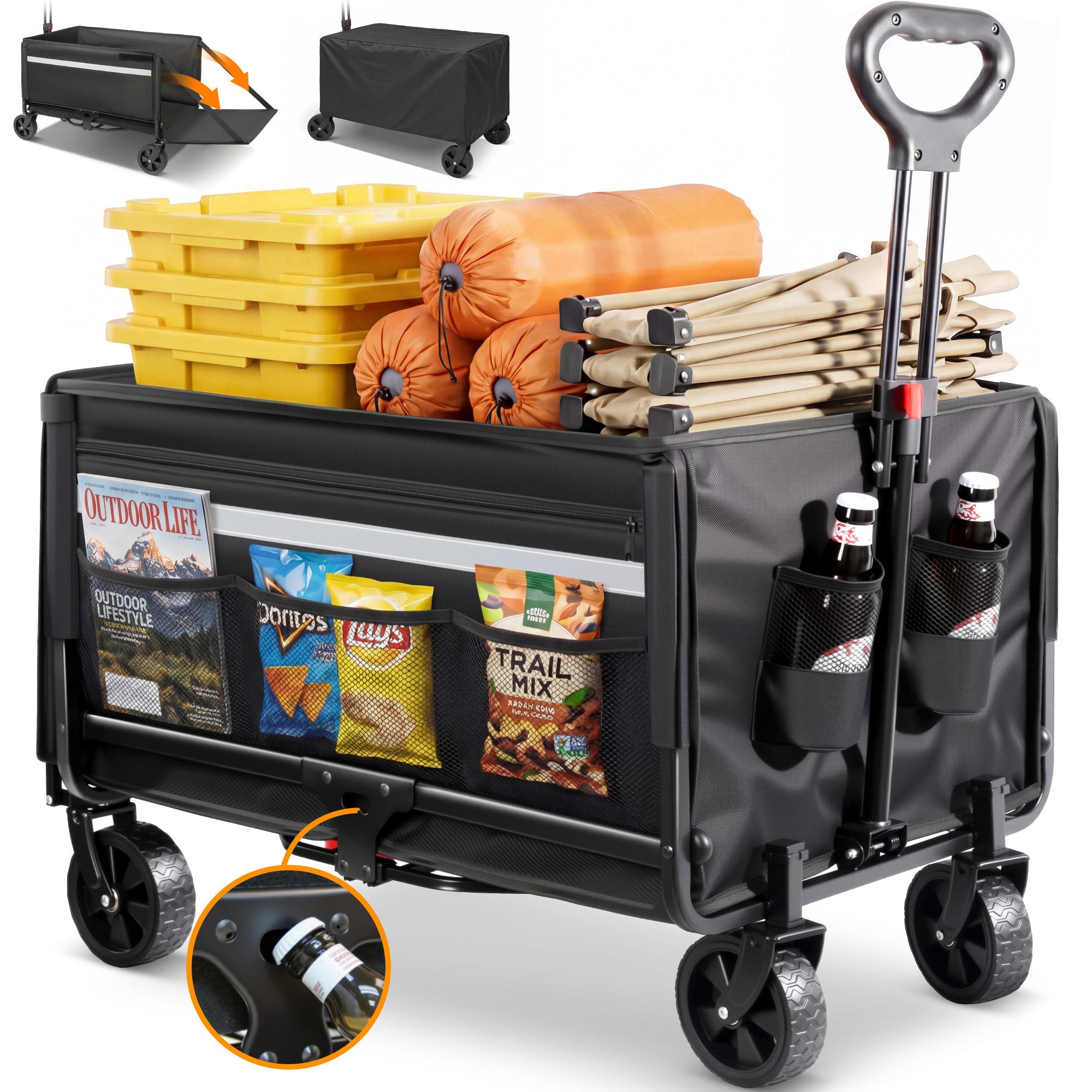 HOMECALL Bollerwagen Gartenwagen bis 150kg Handwagen Strandwagen Klappbar Transportwagen (Inkl. Regenabdeckung! Kapazität erweiterbar durch 2 Aufbewahrungstaschen, 120L+ , Campingwagen mit Reflektorstreifen), Für Einkaufen, Camping, Garten, Dogs