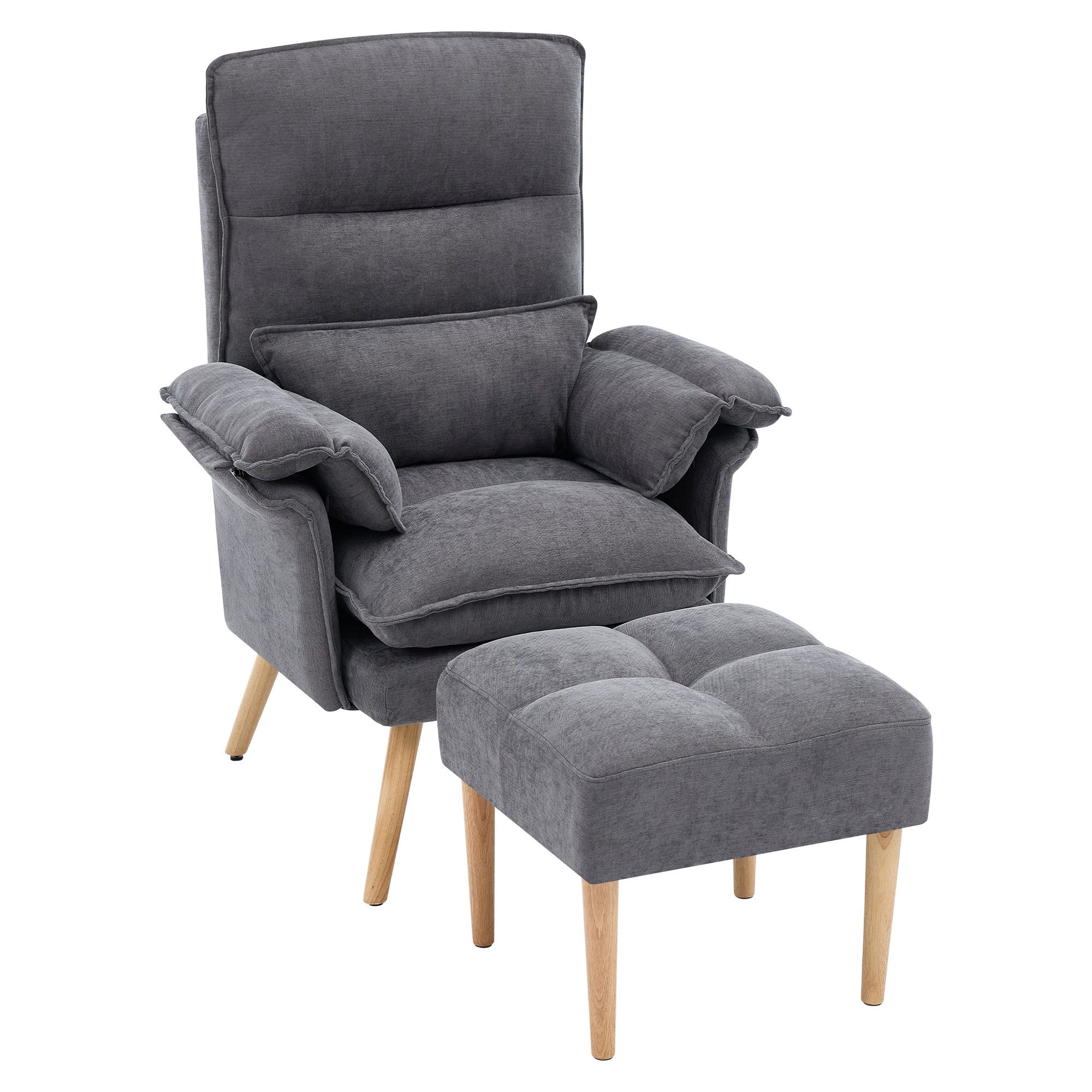 Merax Relaxsessel mit Hocker, 5-fach verstellbarer Liegesessel Lesesessel (85 × 78,5 × 112 cm, 1-St., Relaxsessel inkl. Hocker), Polstersessel mit Kissen & Massivholzbeinen, Loungesessel aus Leinen