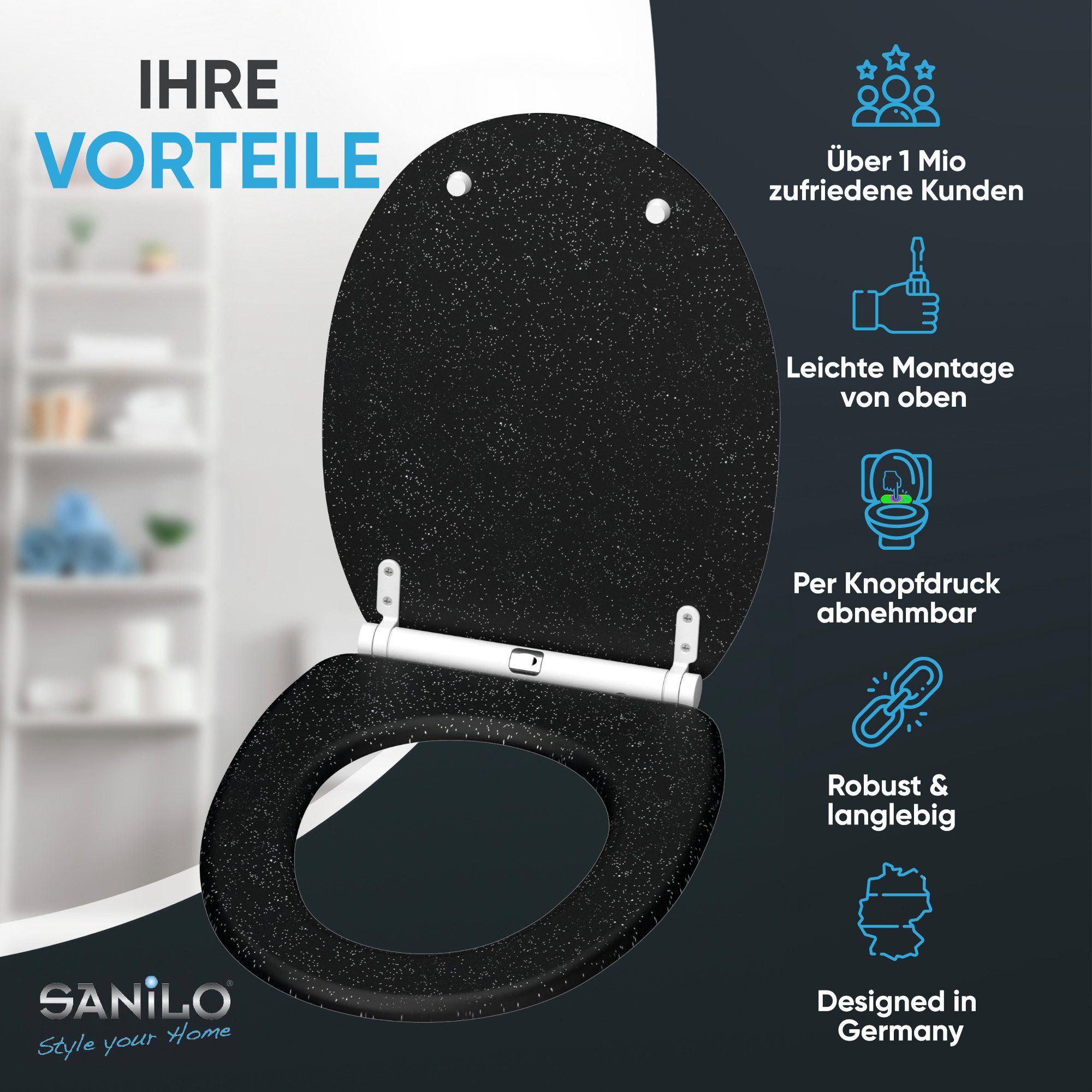 Sanilo WC-Sitz Glitzer mit Absenkautomatik & Quick Release, Premium Toilettendeckel, abnehmbar, leichte Montage von oben