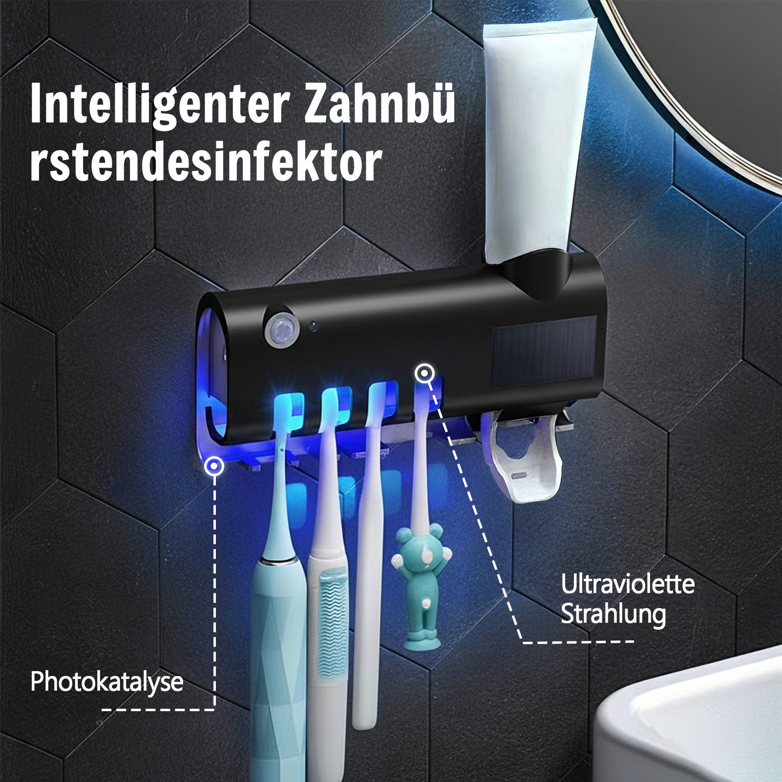 MOPUEA UV-Zahnbürstenhalter Zahnbürstenhalter mit Automatischem Zahnpastaspender UV-Sterilisation, UV-Zahnbürstenhalter mit Sterilisator und Zahnputz-Quetscher, – Bild 2 von 5