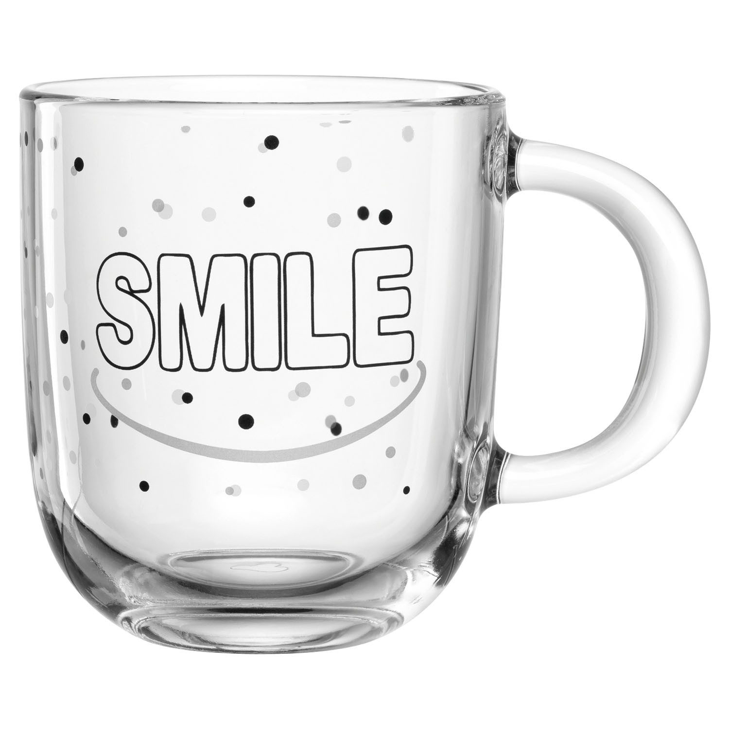 LEONARDO Tasse UFFICIO, 400 ml, Transparent, Schwarz, Glas, mit Schriftzug Smile, Spülmaschinengeeignet
