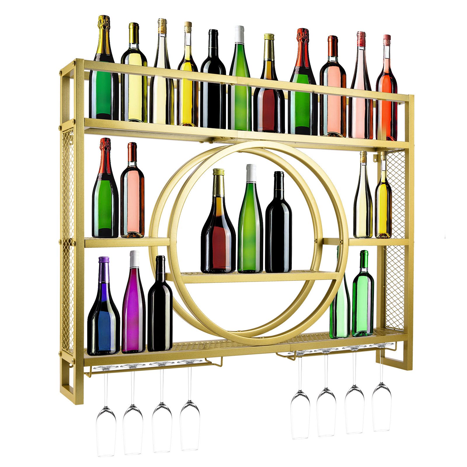 Weinregal Wandmontage Metal Glasregal 100x80x15cm Weinhalter mit Regalen Gold