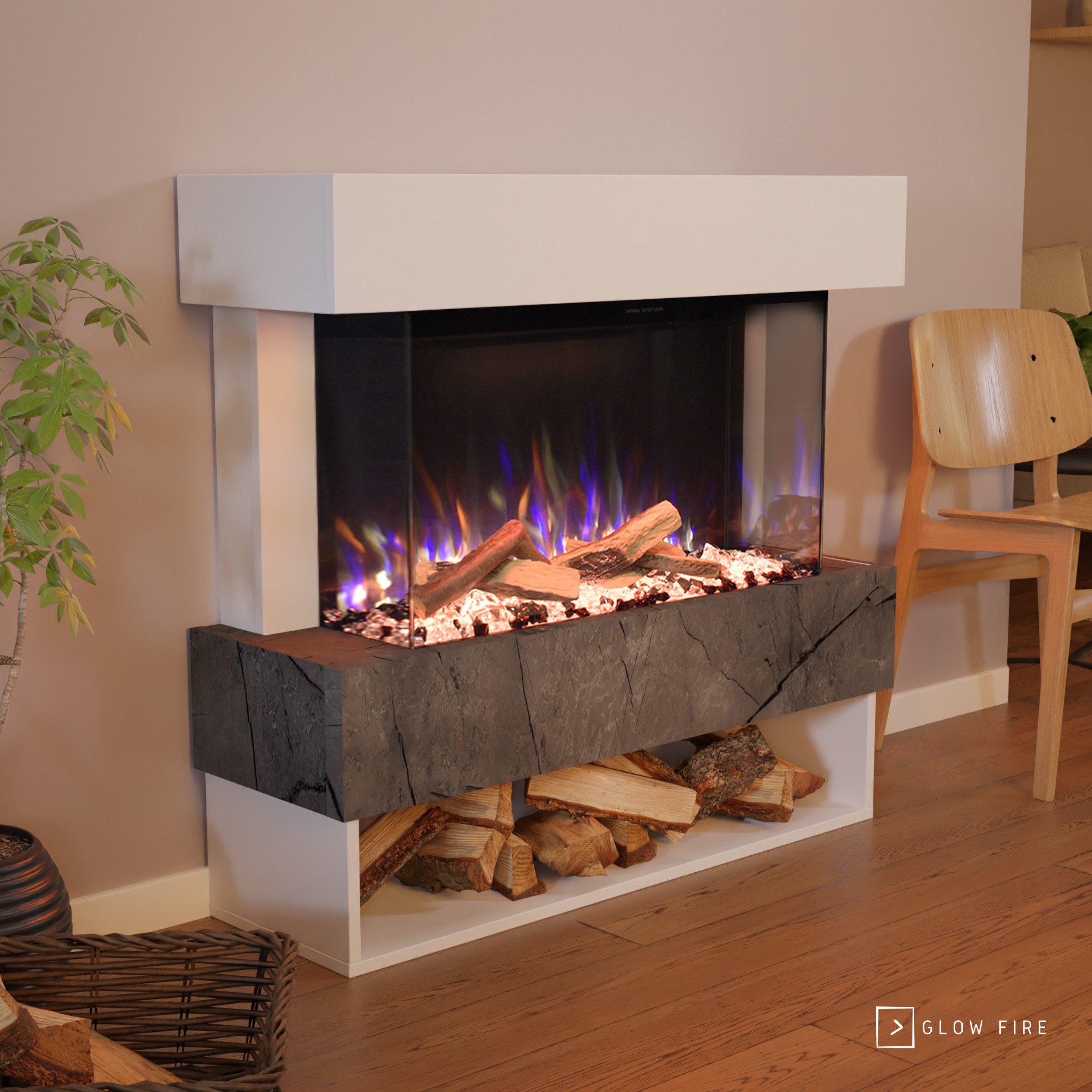GLOW FIRE Elektrokamin PR5 E-Motion 3D, Elektrischer Kamin mit 3D Feuer mit Heizung, täuschend echte Flamme mit Heizung, 3 Dekorationen