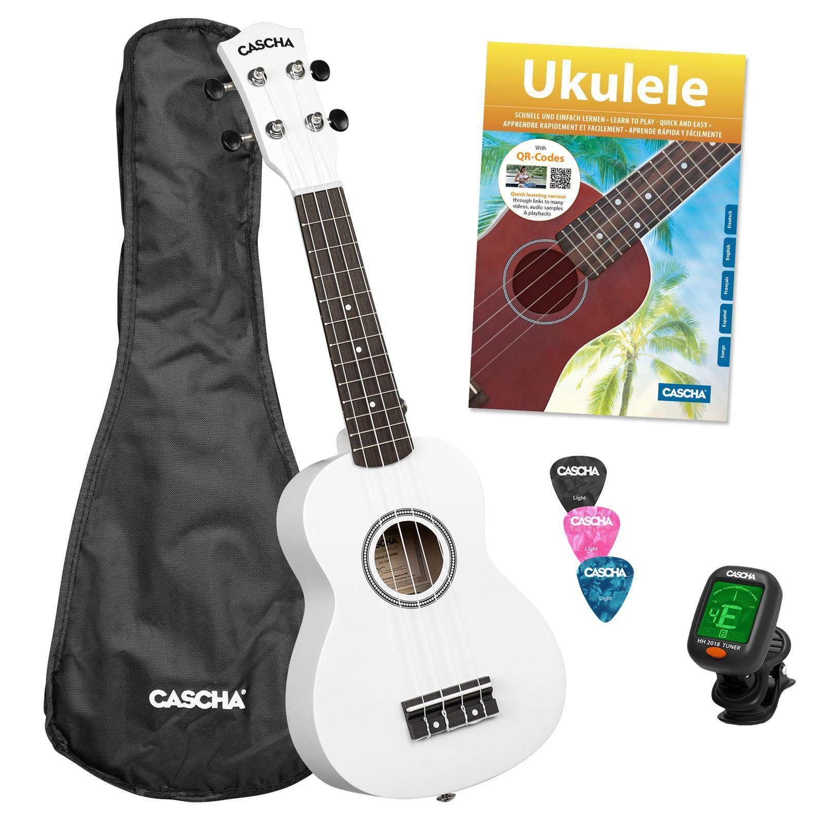 Cascha Ukulele Sopran Bundle weiß, Bundle, mit Tasche und 3 Plektren