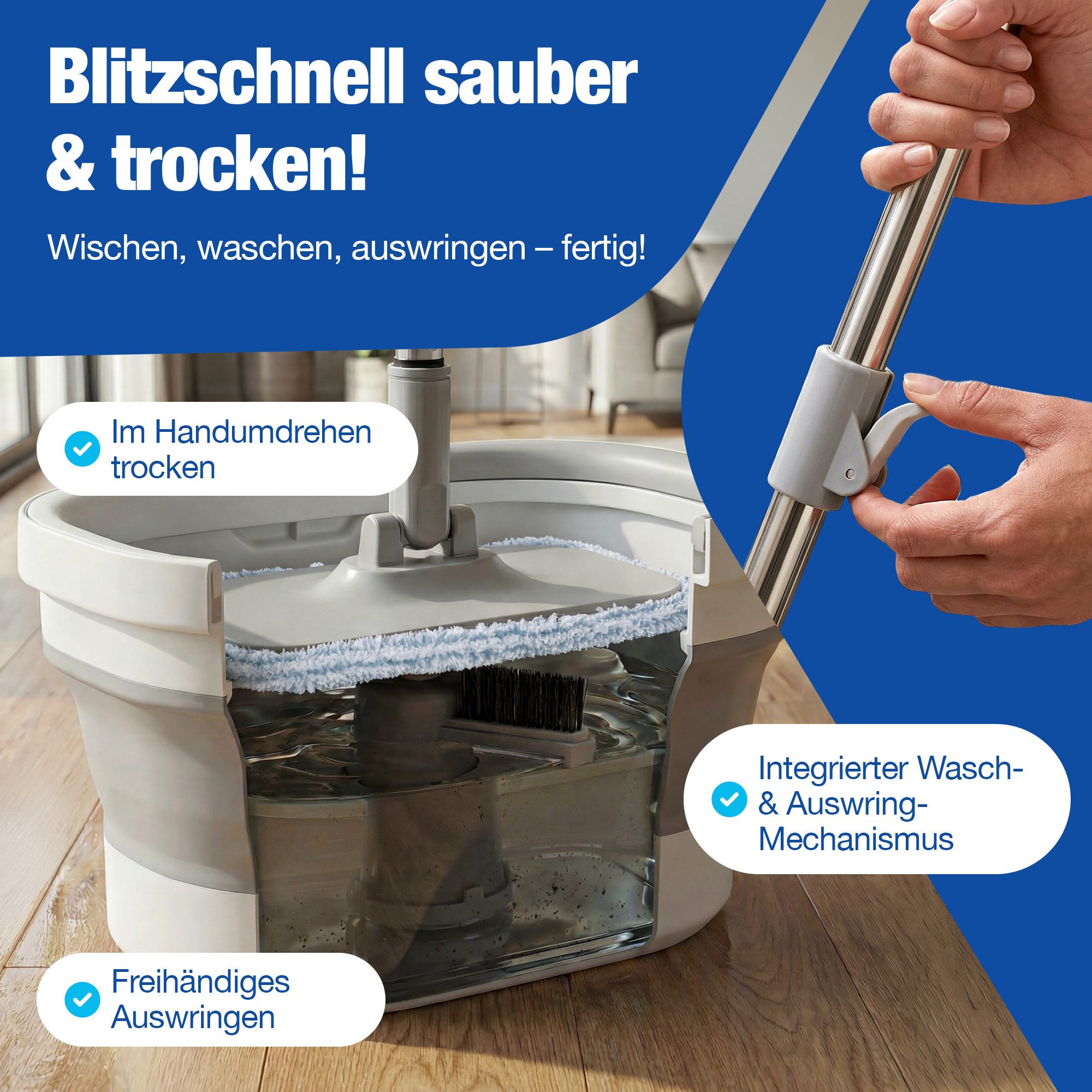 NTG Nutzfahrzeug Technik GmbH Wischmopp Set mit Flex Eimer + Teleskopstange I Bodenwischer I Mikrofaser-Pads, Schleudertechnologie - Roto-Mob – für alle Bodenarten