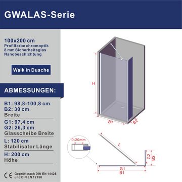 AQUABATOS Walk-in-Dusche Duschabtrennung Walk in Duschwand Dusche, schwarz, Chromoptik, Einscheibensicherheitsglas Rechts-und Links montierbar, mit Stabilisator, Nano Glas, mit Verstellbereich, 100x200, 120x200cm