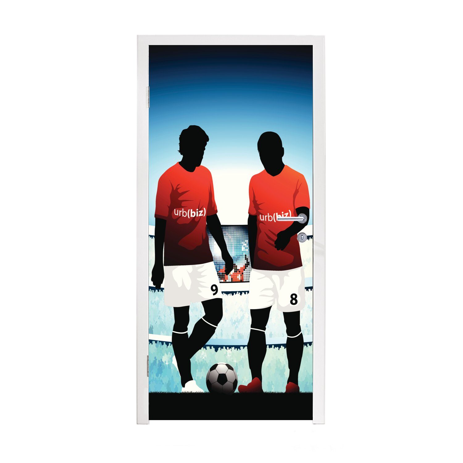 MuchoWow Türtapete Eine Illustration von zwei Fußballspielern in einem Stadion - Jungen -, Matt, bedruckt, (1 St), Fototapete für Tür, Türaufkleber, 75x205 cm