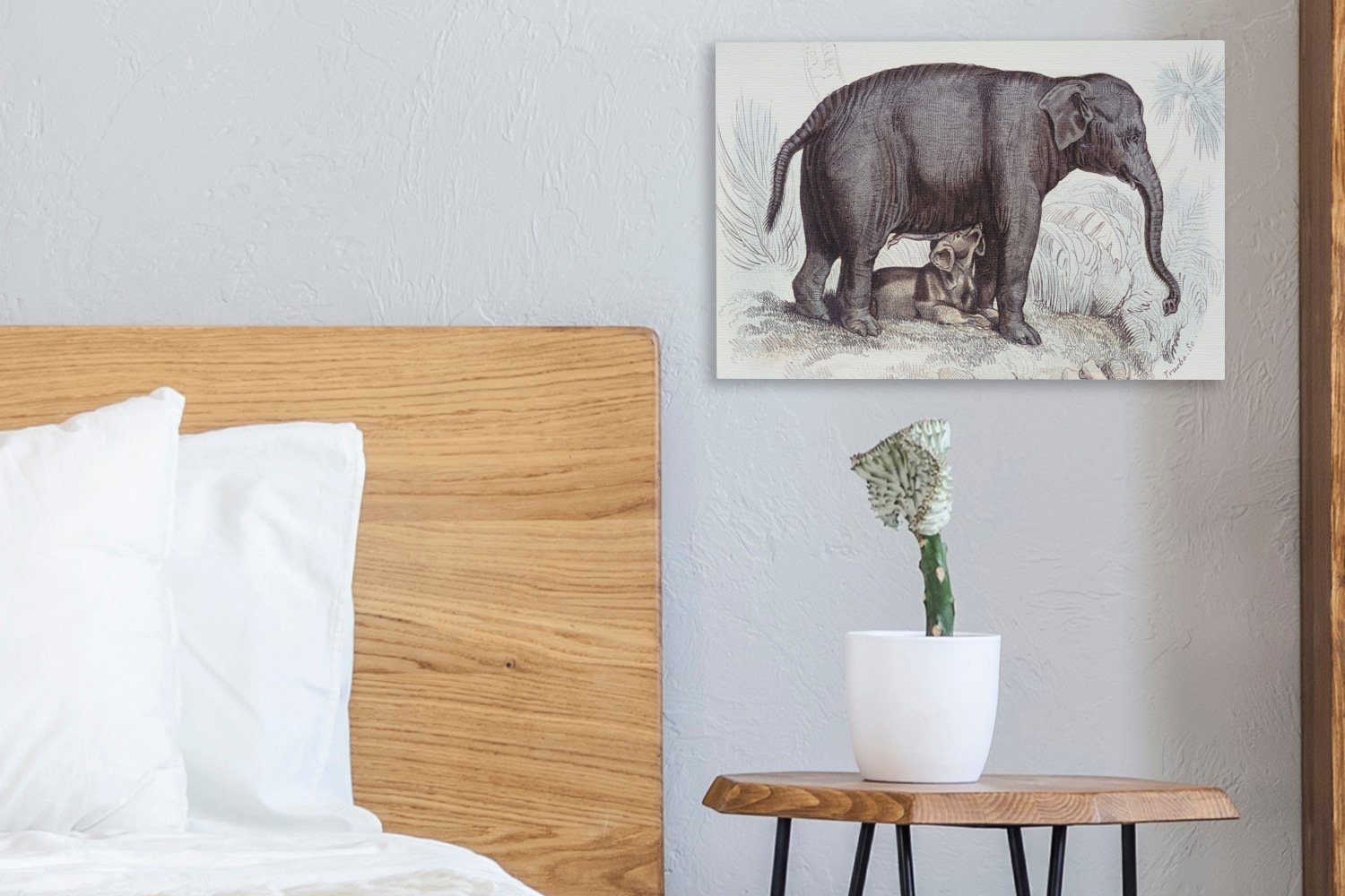 Wanddeko, (1 Leinwandbilder, 30x20 St), OneMillionCanvasses® Baby, Aufhängefertig, cm Wandbild Elefanten einem Illustration Eine mit Leinwandbild eines