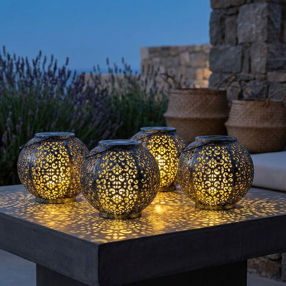 Expo Börse LED-Hängeleuchte, LED-Leuchtmittel fest verbaut, Warmweiß, LED Hängeleuchte silber schwarz 4er Set Solar warmweiß IP44 D 18 cm