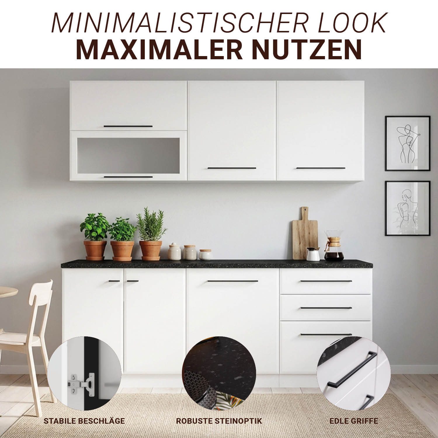 Homestyle4u Küchenzeile 200 cm ohne Geräte Singleküche Küchenschränke Weiß, (Oberschränke, Unterschränke), Küchenblock