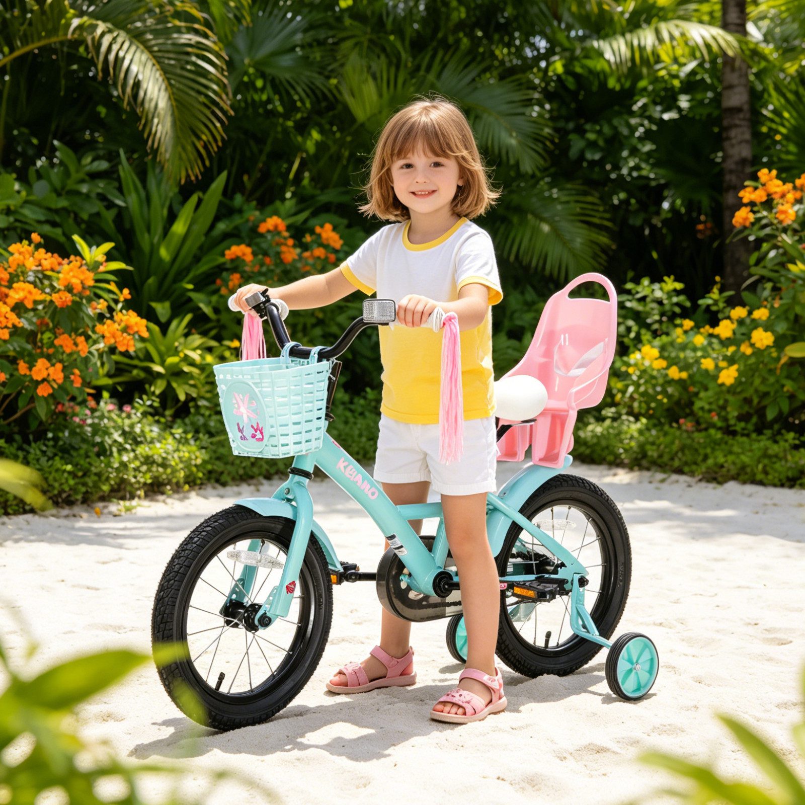JOYSTAR Kinderfahrrad Mädchenfahrrad 14/16/18/20 Zoll mit Hochkarbonstahlrahmen, mit Puppensitz und Korb,Stützräder, Luftschlangen, Schutzblechen – Bild 5 von 5