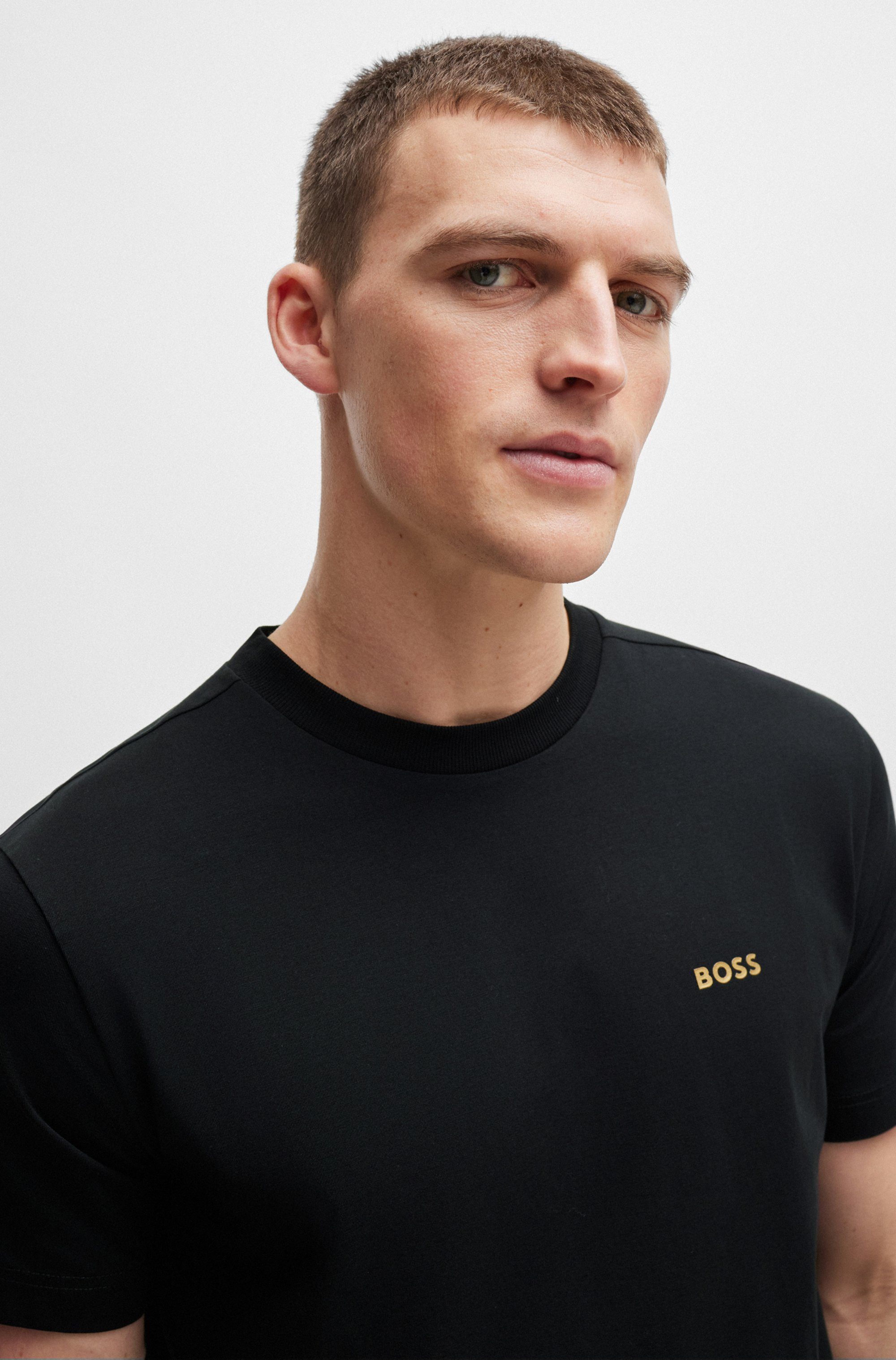 BOSS GREEN Rundhalsshirt Tee Regular Fit Stretch Jersey Cotton, Logo on Chest, Rundhals