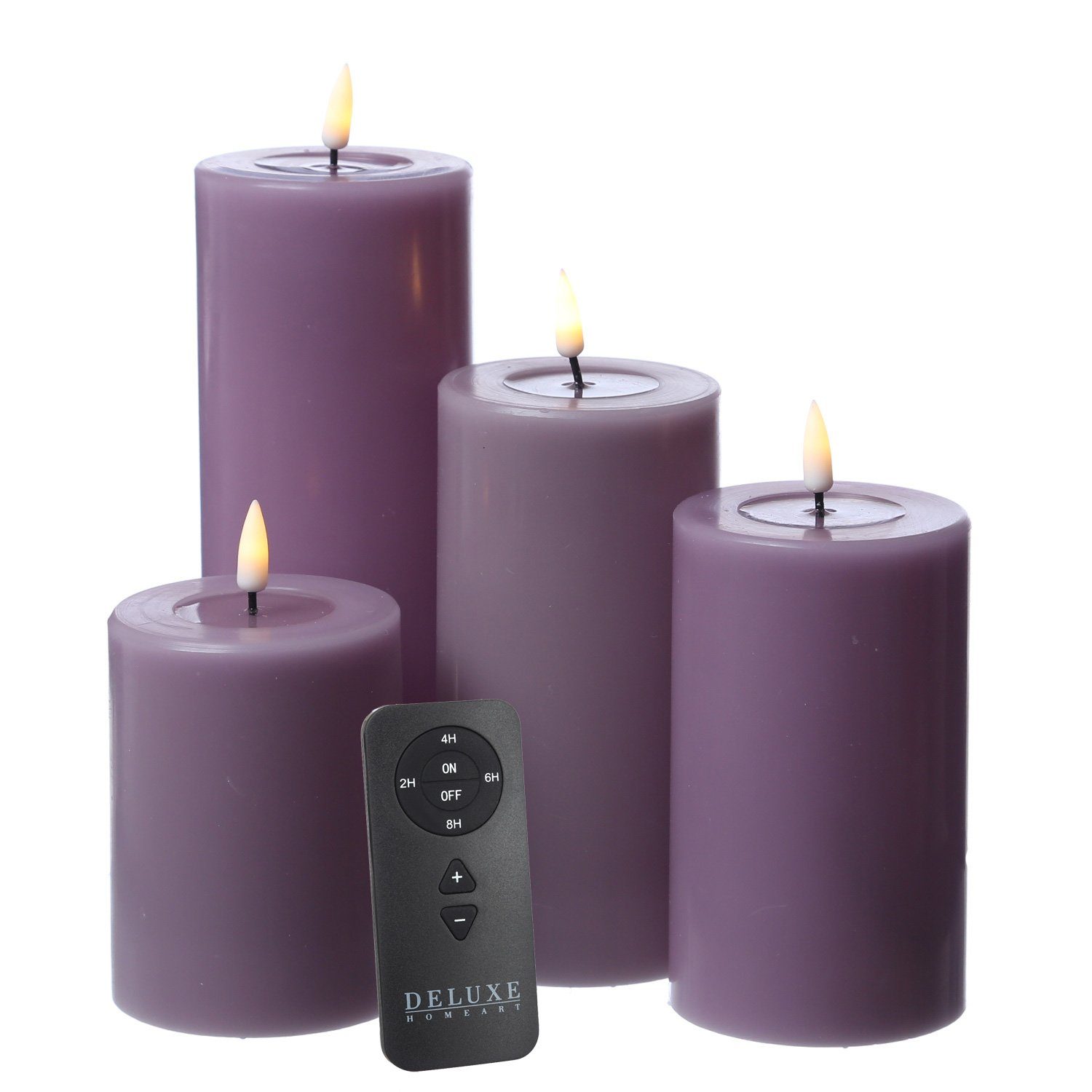Deluxe Homeart LED-Kerze LED Kerzenset MIA Echtwachs Deluxe 4 Größen lila mit Batterien Fernb., LED Classic, warmweiß (2100K bis 3000K)