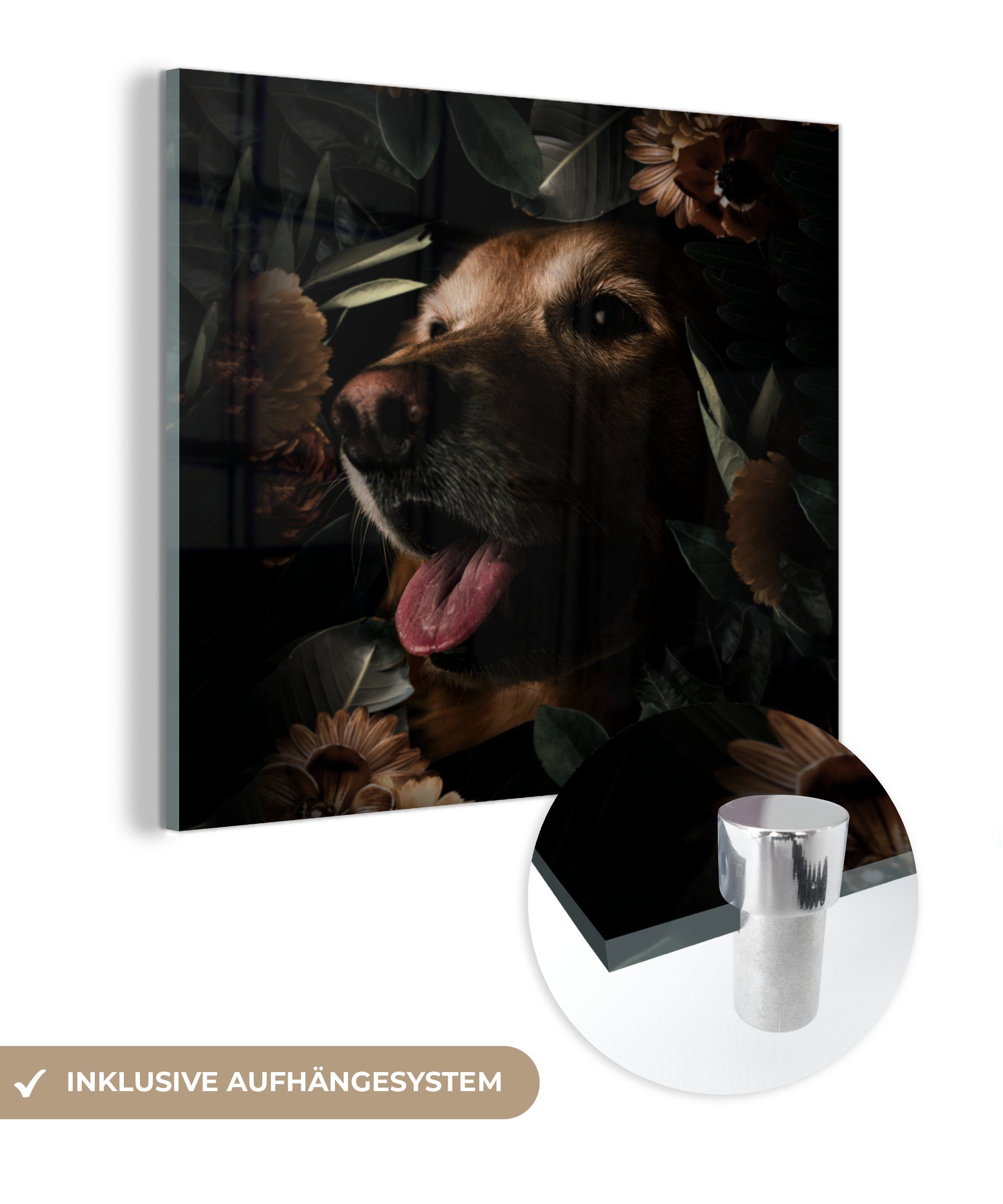 MuchoWow Acrylglasbild Hund - Blumen - Botanisch, (1 St), Glasbilder - Bilder auf Glas Wandbild - Foto auf Glas - Wanddekoration