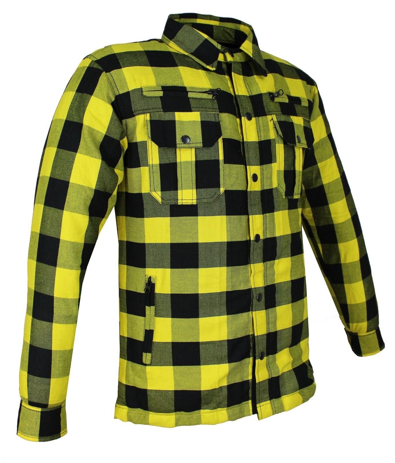 Alpha Speeds Motorradjacke Flanell-Holzfäller Motorrad KEV ARAMID Lumber Biker Hemd SLIM Gelb (Wasserdicht & Winddicht & Atmungsaktiv + Belüftungstaschen / Motorradhemd) All Season, wasserdichte Reißverschlüsse, mit Protektoren