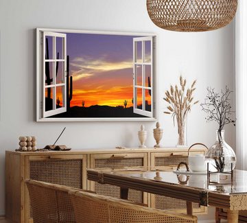 Sinus Art Leinwandbild Wandbild 120x80cm Fensterbild Mexikanische Landschaft Kaktus Sonnenunt, (1 St)