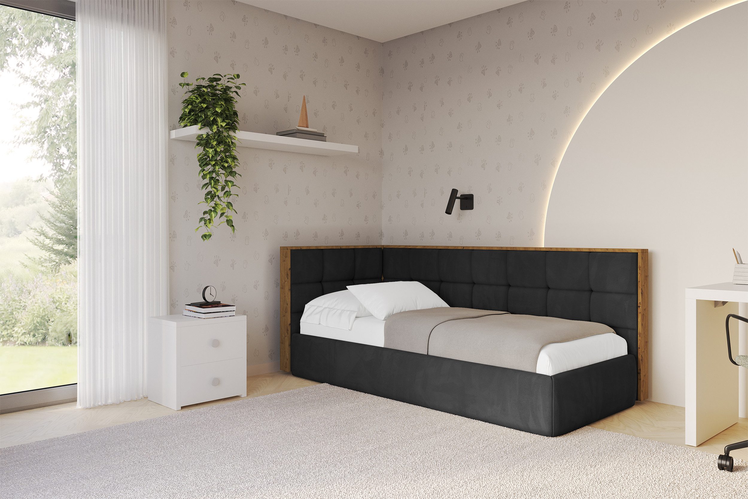 ALTDECOR Jugendbett SOVY (Jugendbett mit Bettkasten und Lattenrost, Polsterbett mit Matratze), Einzelbett mit Stauraum, Bett mit Kopfteil