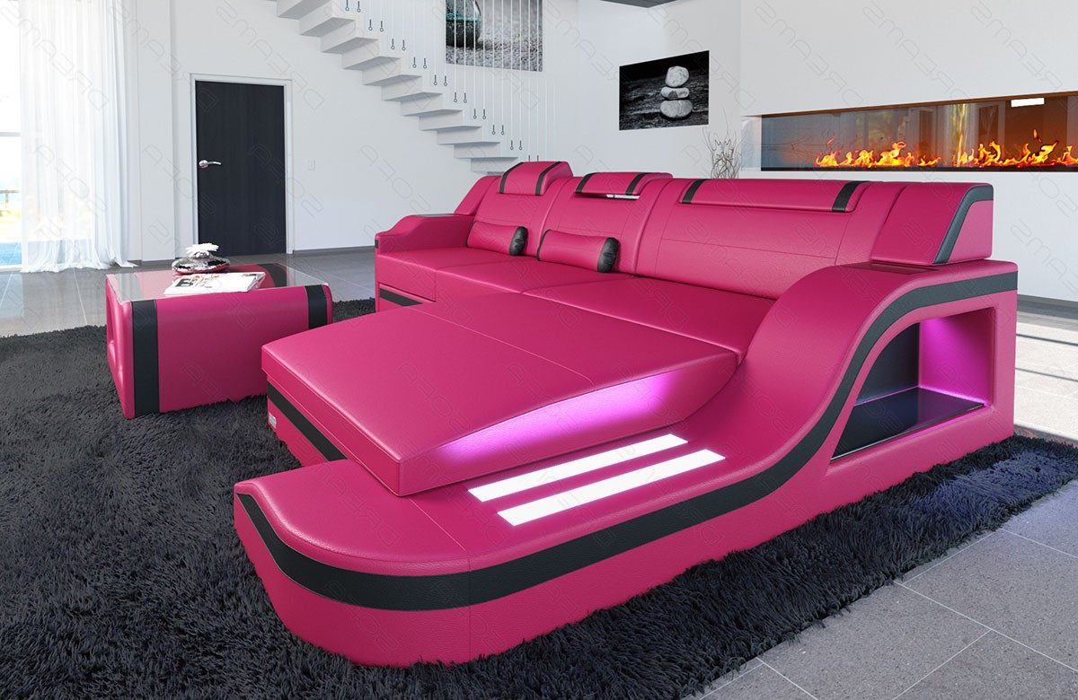 Sofa Dreams Ecksofa Ledersofa Palermo L Form Mini, Designersofa Couch, mit LED Licht & USB Anschluss