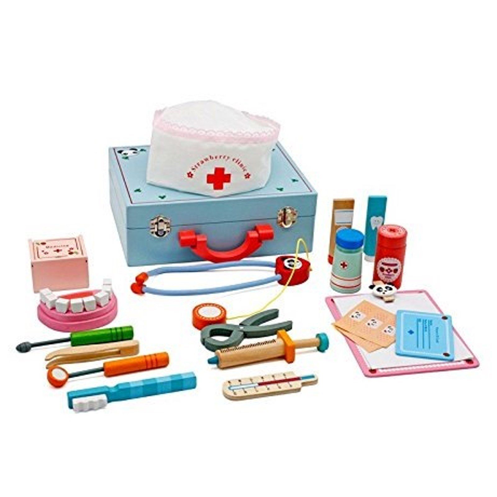 TikTakToo Spielzeug-Arztkoffer Doktorkoffer, Puppenzubehör, aus Holz mit didaktischem Spielzeug, (Spiel-set mit viel Zubehör), incl Zahnmodell, Klemmbrett, Salbentube uvm.