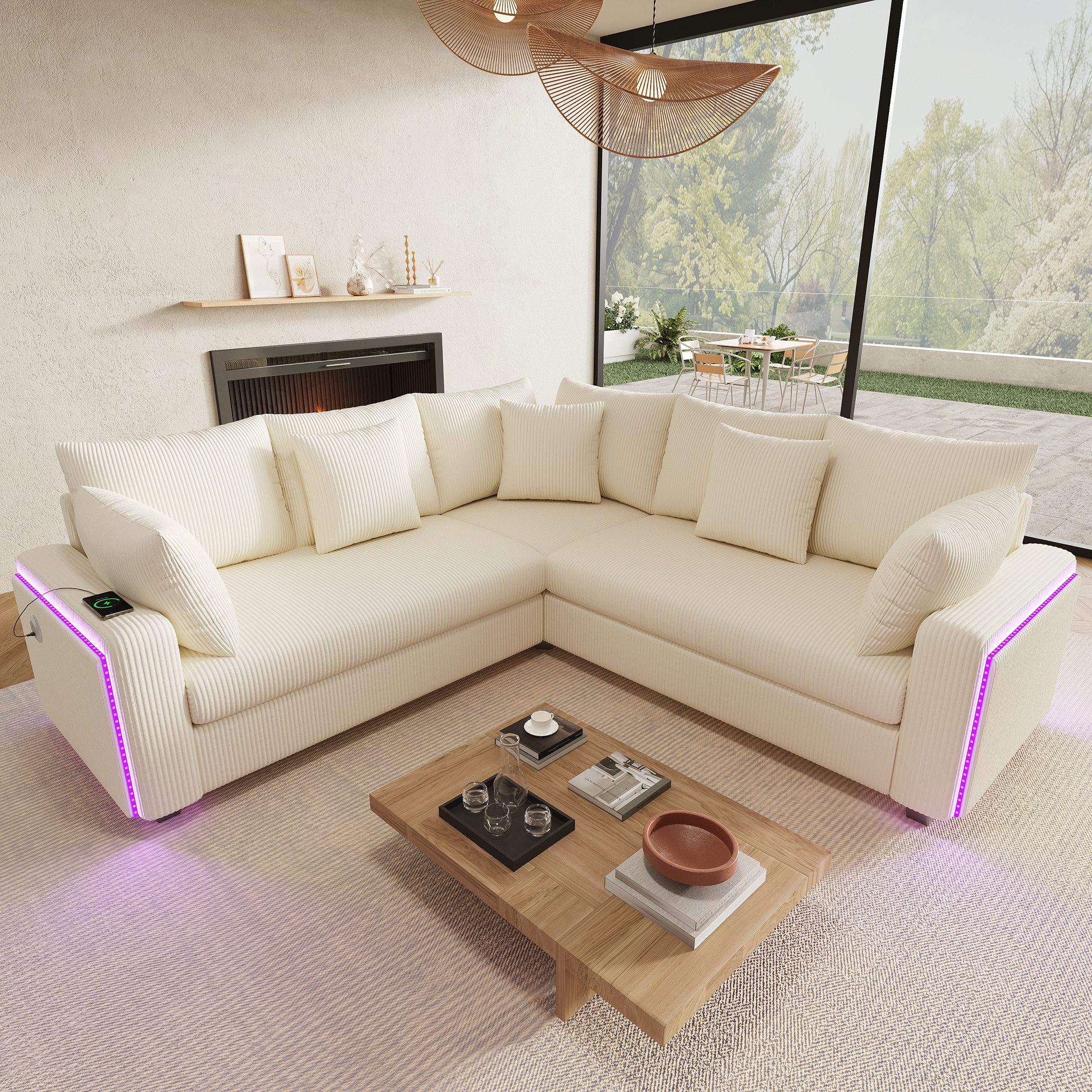 STILVORA Ecksofa mit LED-Ambientebeleuchtung L-Form Cord Sofa mit Taschenfederkern, Relaxsofa mit USB‑Ladeanschluss, passenden Kissen, für Wohnzimmer, Schlafzimmer und Wohnungen