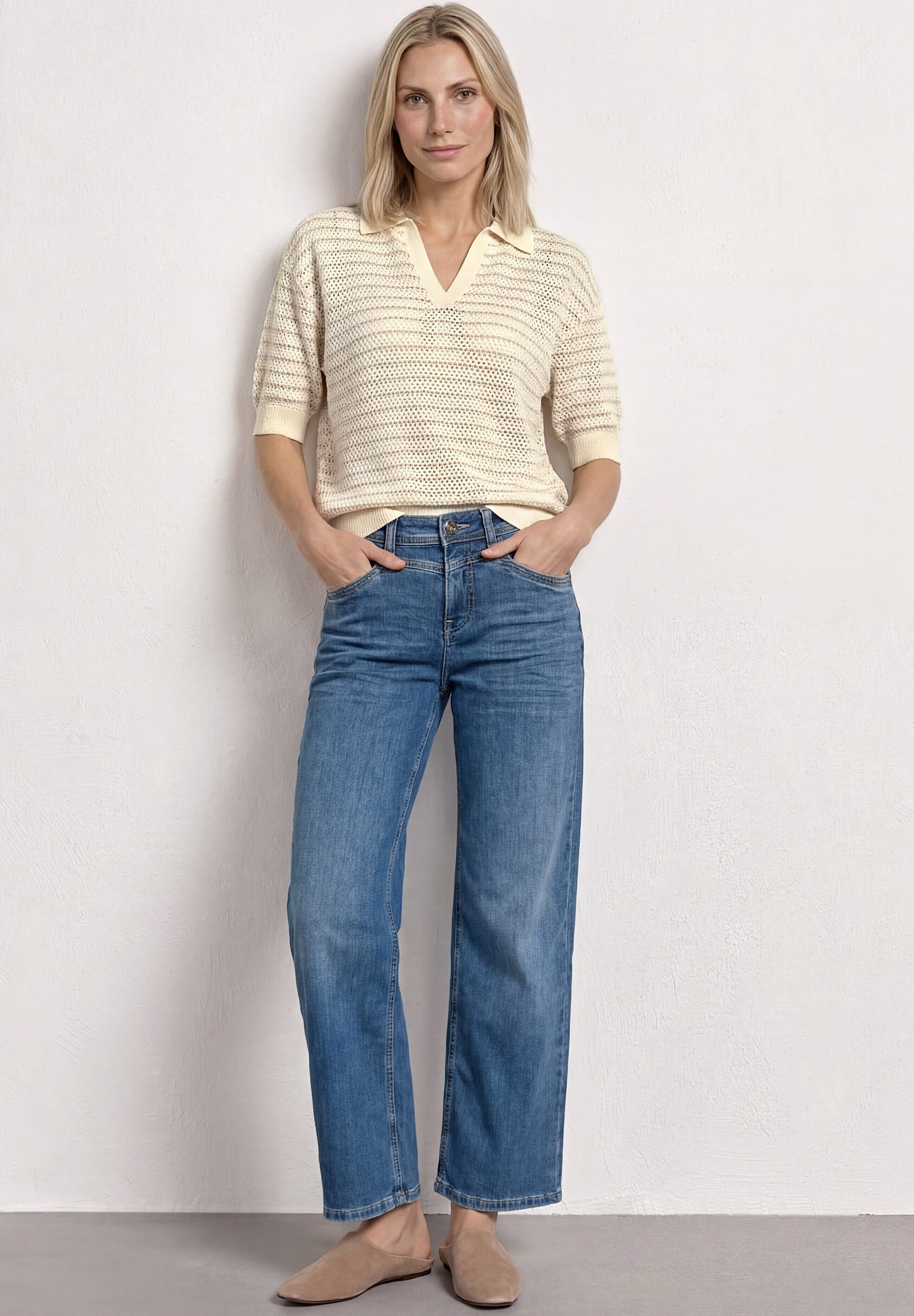 STREET ONE Kurzarmpullover mit Streifen und Polokragen