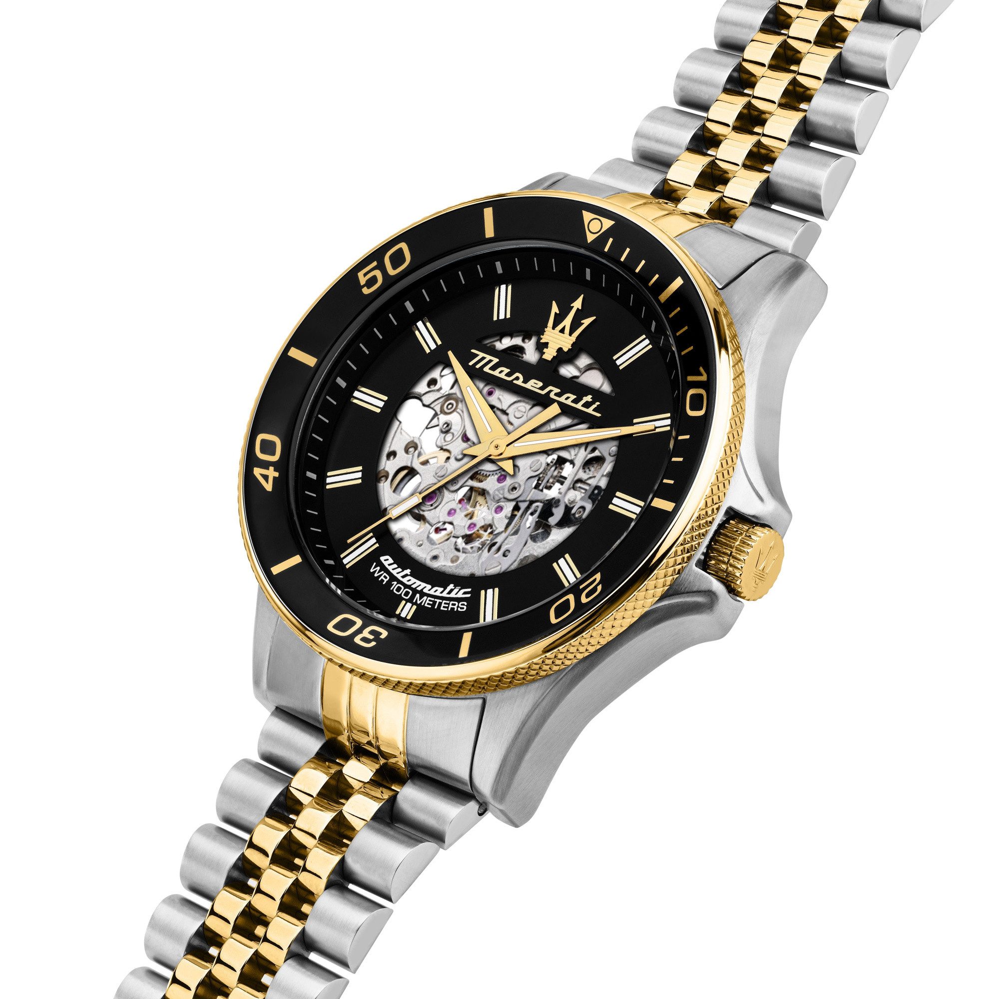 MASERATI Automatikuhr R8823140010, 44 mm – Herrenuhr mit skelettiertem Zifferblatt, & Edelstahlarmband im sportlich-eleganten Design