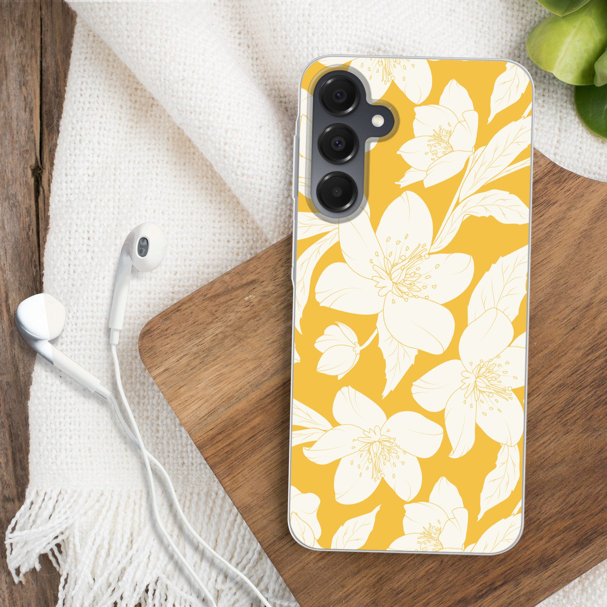 MuchoWow Handyhülle für Samsung Galaxy A16 5G Blumen - Muster - Gelb - Weiß, Phone Case, Silikon, Schutzhülle Dünn