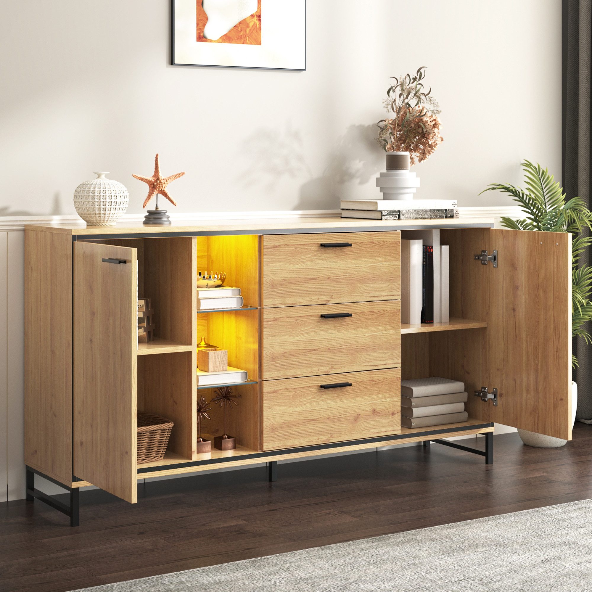 Merax Sideboard mit LED-Beleuchtung und Glasablagen, (1 St), Kommode Holz mit großem Stauraum und verstellbare Einlegeböden