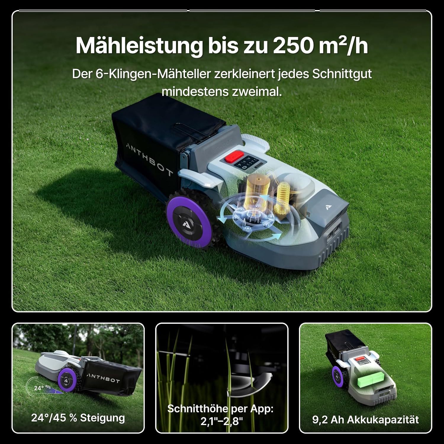 ANTHBOT Rasenmähroboter N8 Serie ohne Begrenzungskabel, 4-in-1, 23L Fangkorb, Auto-Entleerung, bis 1500 m² Rasenfläche, (Mähen, Mulchen, Sammeln & Laubkehren für Sommer & Herbst, Full-Band-RTK, HDR-Dual-Vision & KI-Hindernisvermeidung), Auto-Kartierung, Schnitthöhe per App, bis 45 % Steigung, 4G-Modul
