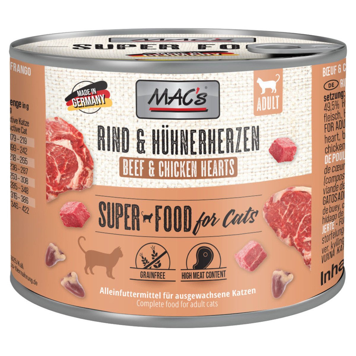 MAC'S Rind & Hühnerherzen 200 g - 6 Stück, Nassfutter für: Katze