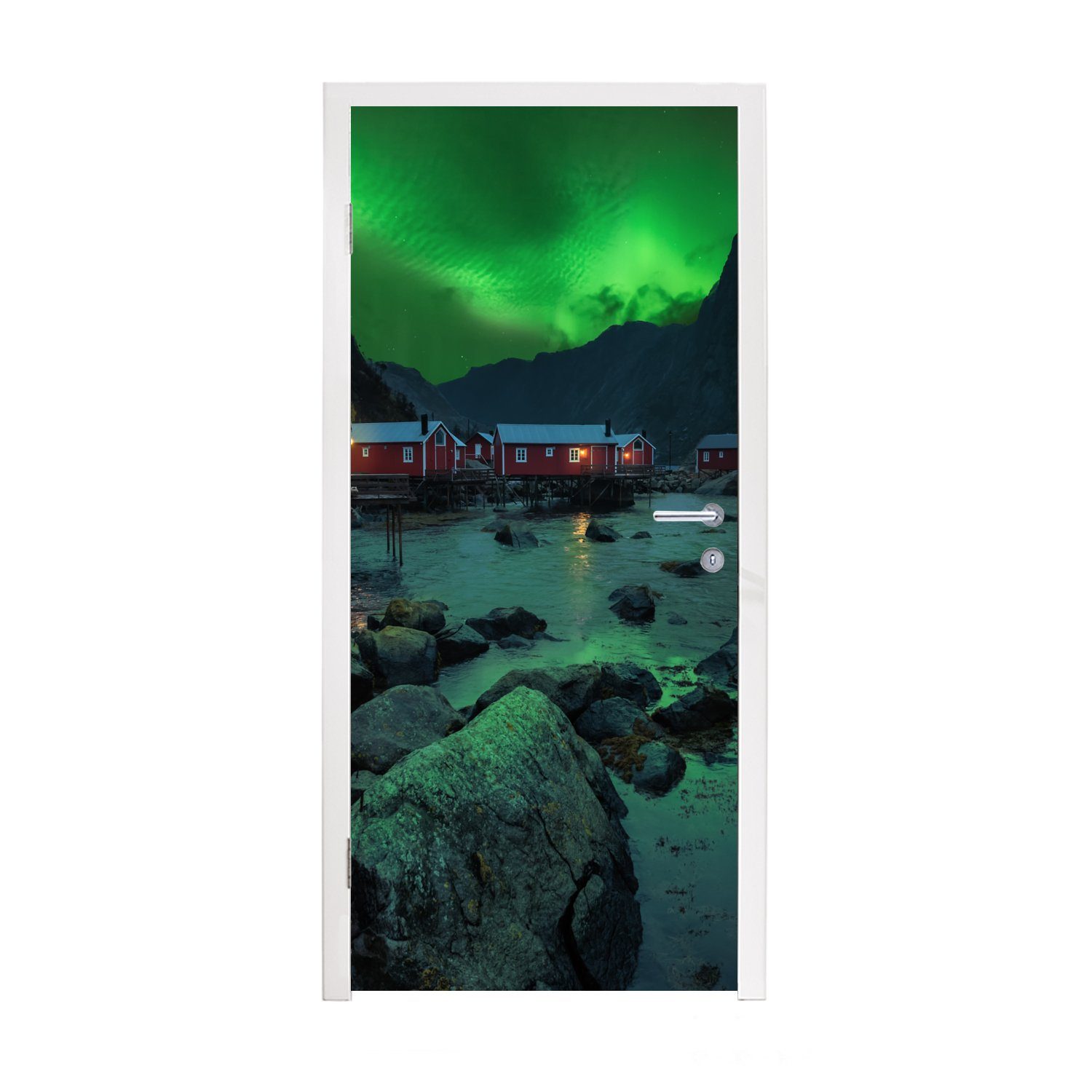 Norwegen cm (1 - Nacht, Matt, Türaufkleber, 75x205 bedruckt, Fototapete St), - Nordlichter für Tür, Türtapete MuchoWow