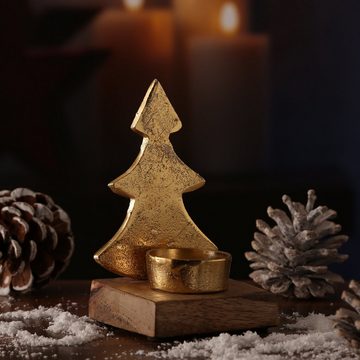 MARELIDA Teelichthalter Teelichthalter TANNENBAUM Aluminium Mangoholzsockel H: 13,2cm gold (1 St)