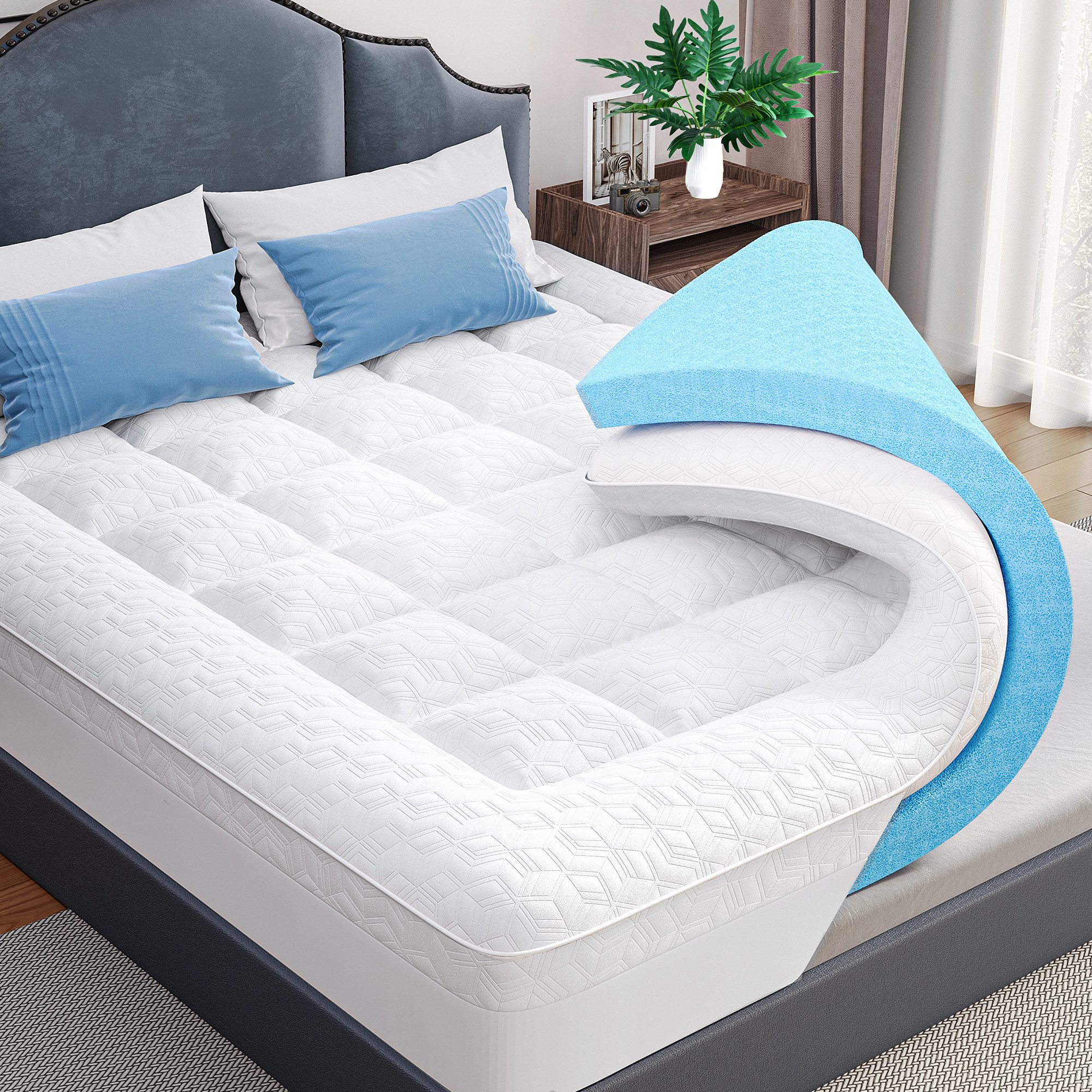 ChaCool, Цилиндр Matratzentopper mit Zwei Schichten -10 cm, Waschbar Bambusfasern Bezug, 10 cm hoch, (2,5cm kühlende Kopfkissenauflage und 7,5cm Gel Memory Foam), Всеrgiker geeignet