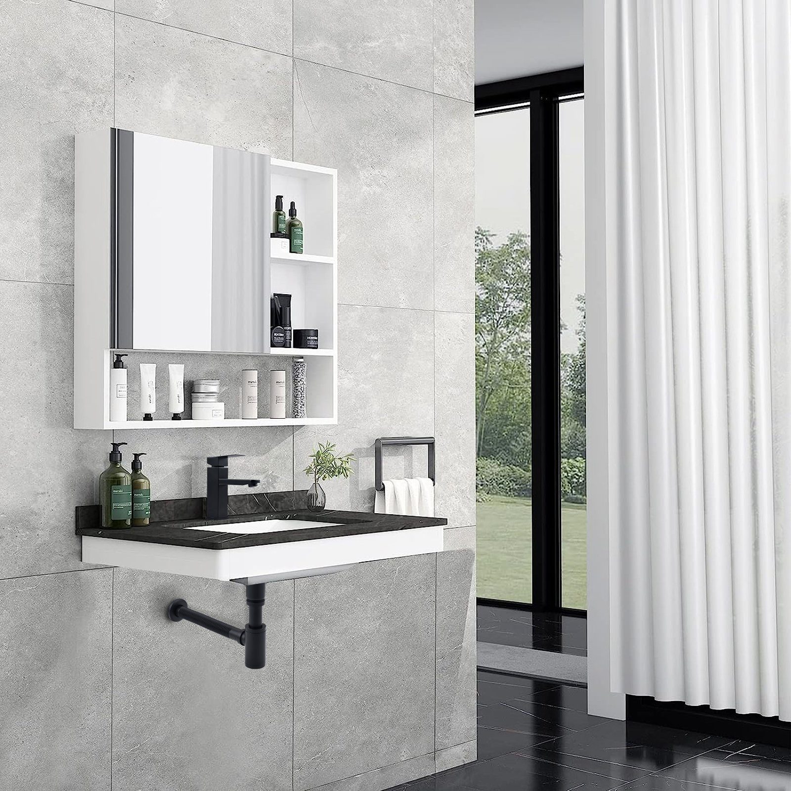 HOMELODY Ablaufgarnitur Siphon Pop Up Ablaufgarnitur mit Überlauf Universal Röhrensiphon Set Waschtisch Bad Geruchsverschluss Stöpsel Abfluss Garnitur Schwarz – Bild 4 von 5
