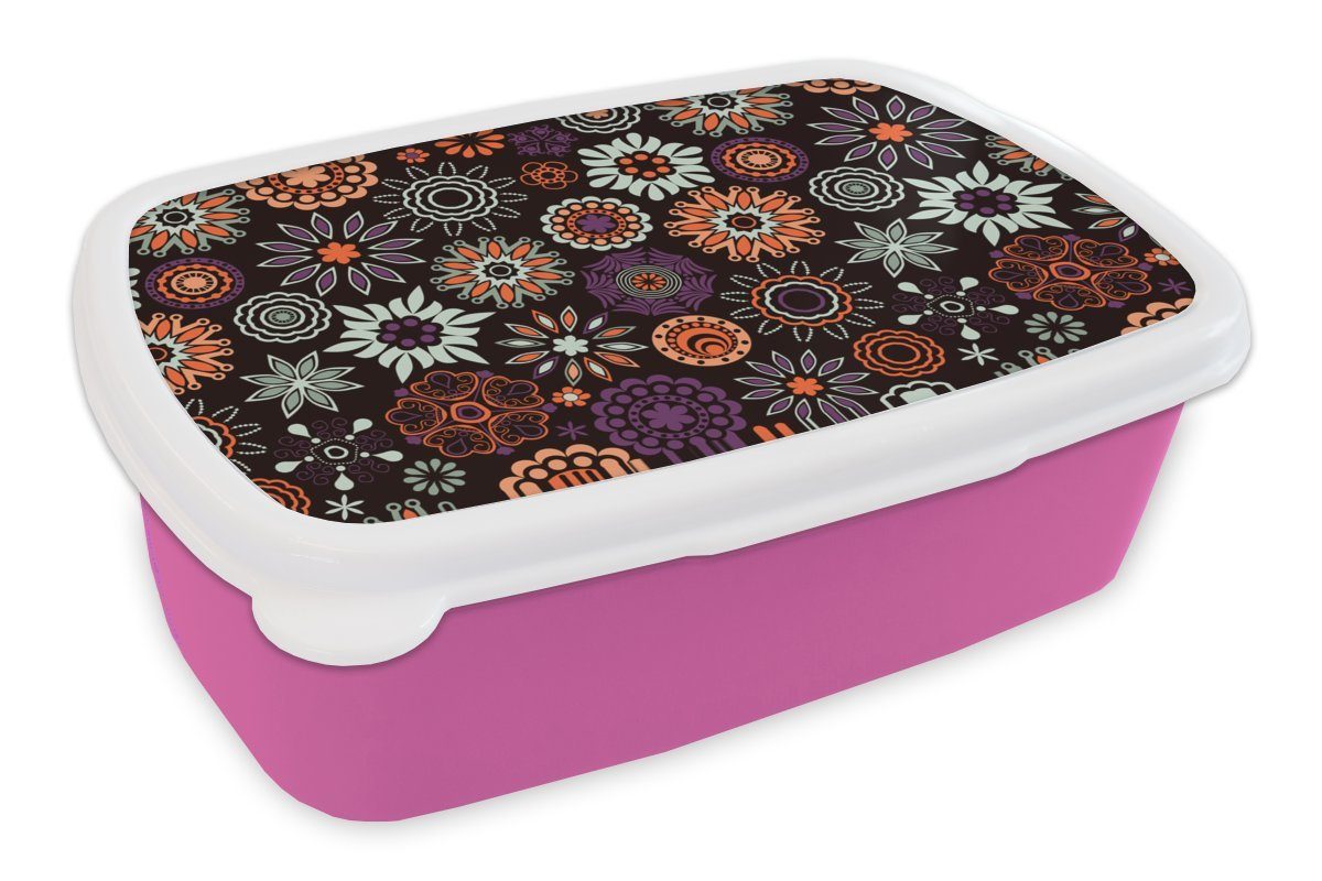MuchoWow Lunchbox Retro - Blumen - Regenbogen - Muster, Kunststoff, (2-tlg), Brotbox für Erwachsene, Brotdose Kinder, Snackbox, Mädchen, Kunststoff rosa